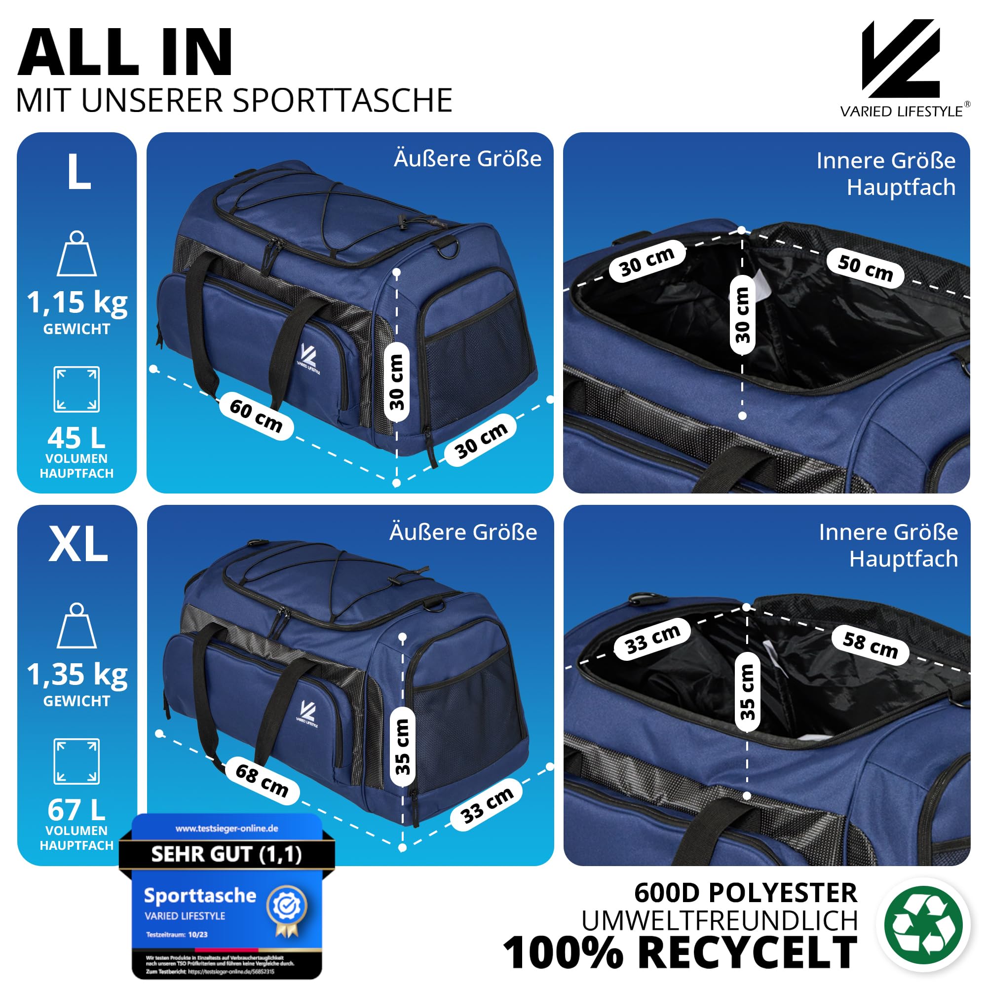 VL® Sporttasche Groß mit Schuhfach, Nassfach & [Isoliertes Kühlfach] Saunatasche & Reisetasche für Damen & Herren Gym Bag, Gym Tasche, Fitnesstasche, Trainingstasche, Schwimmtasche XL 70L Blau-Schwarz