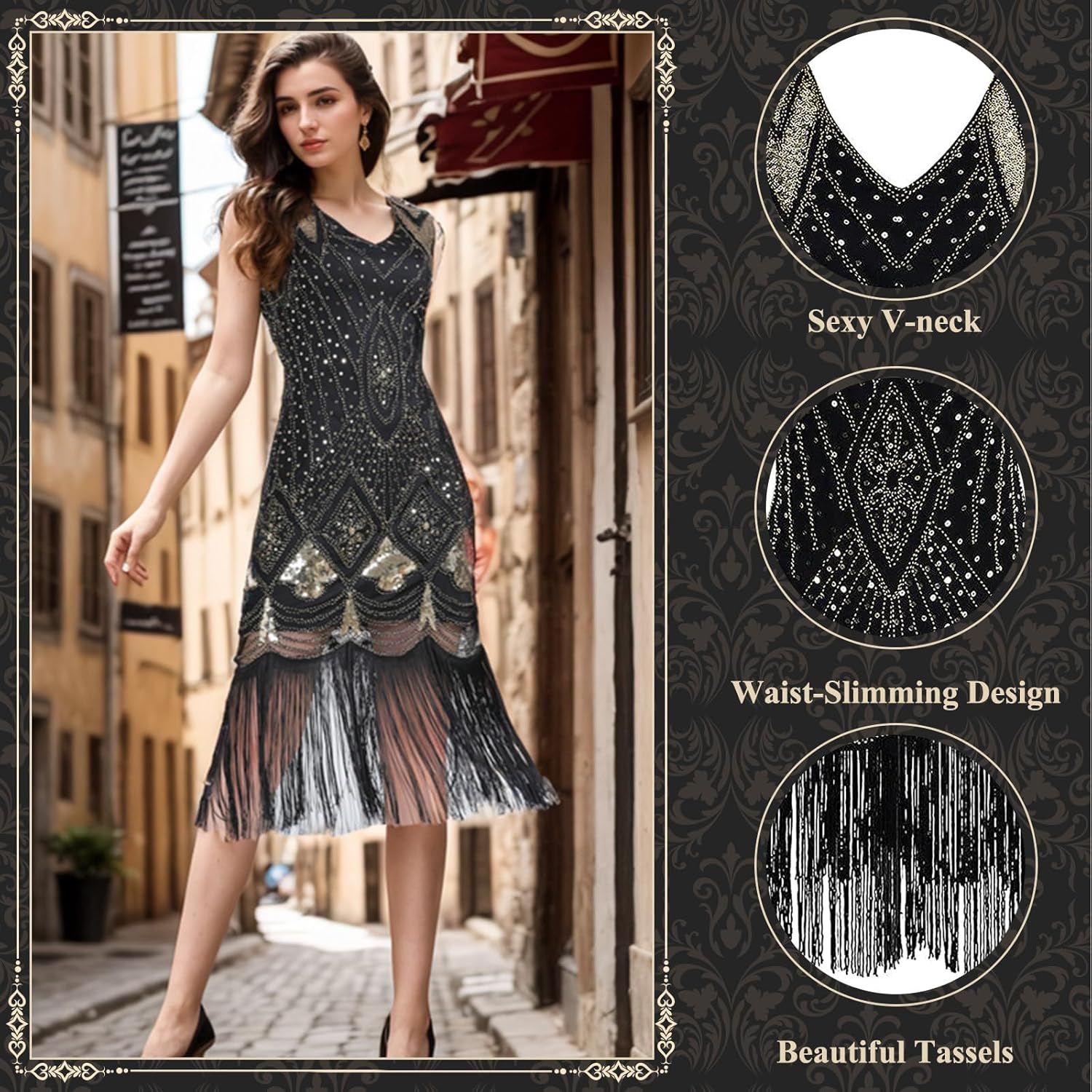 PLULON 1920s Dresses for Women, Sequin Fringed Gatsby Flapper Cocktail Dresses with 20s Accessories Set, Roaring 20s Costumes - Image 2