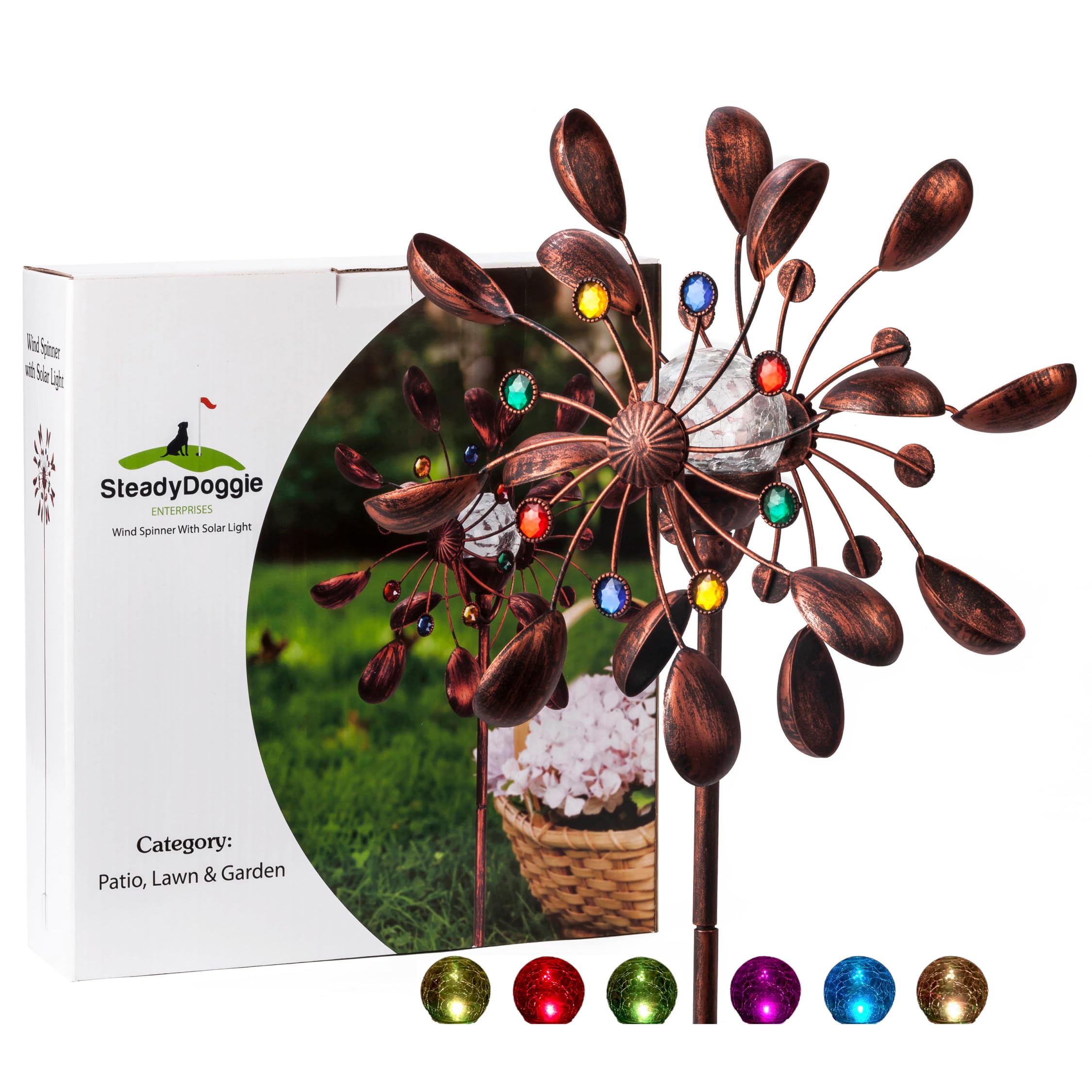 Molinillo de Viento Solar de 75 Pulgadas - Adorno de jardín con LED Que Cambia de Color, Bronce Antiguo y Doble dirección de Movimiento para césped, Patio y jardín con Estabilidad de por Vida