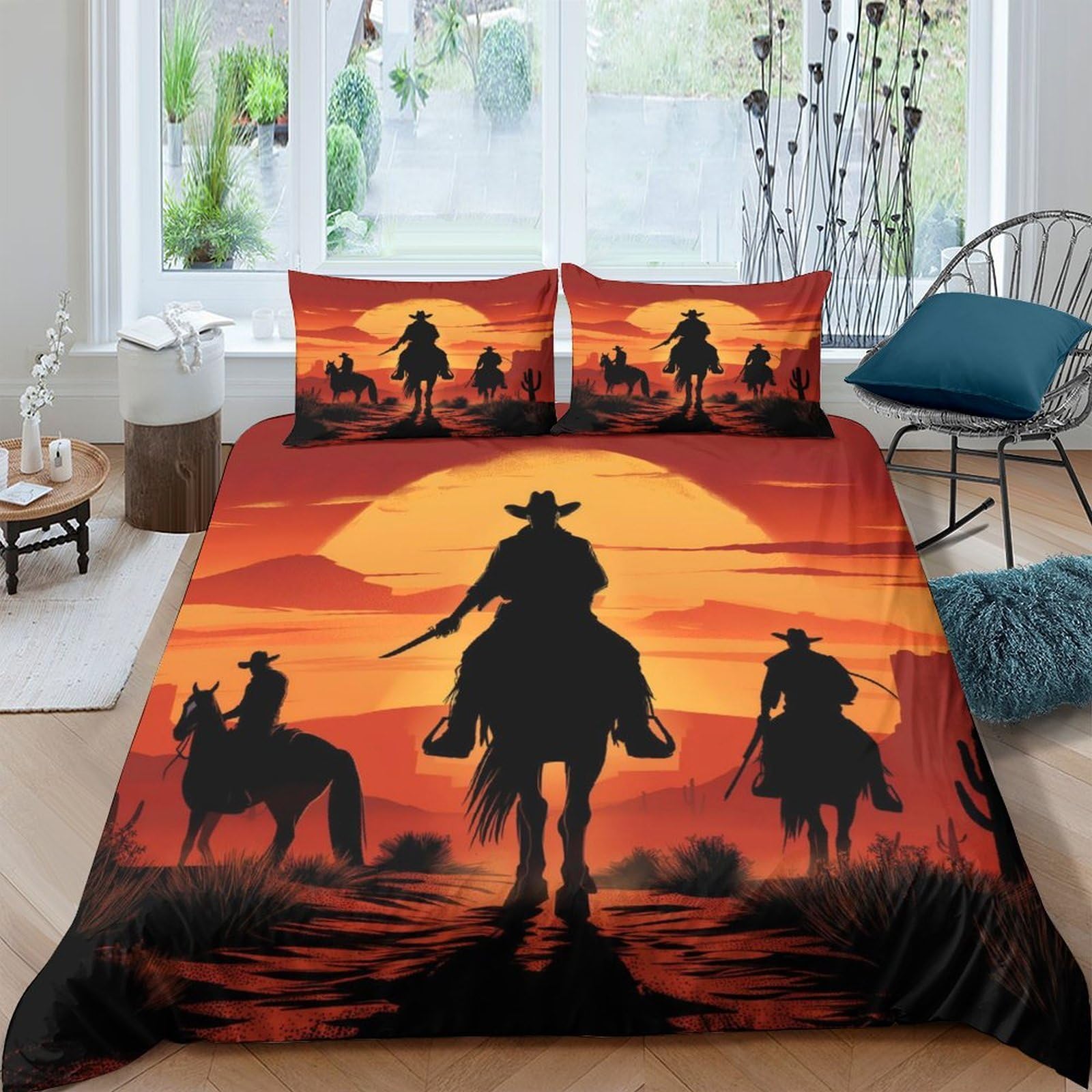 Ctjqhvkz Style-4 3D Printed Cowboy Sunset Fitted Sheet Microfiber Soft Orange Western Horse Bed Cover Bedroom Decor Mattress Protector Single（135X200cm）