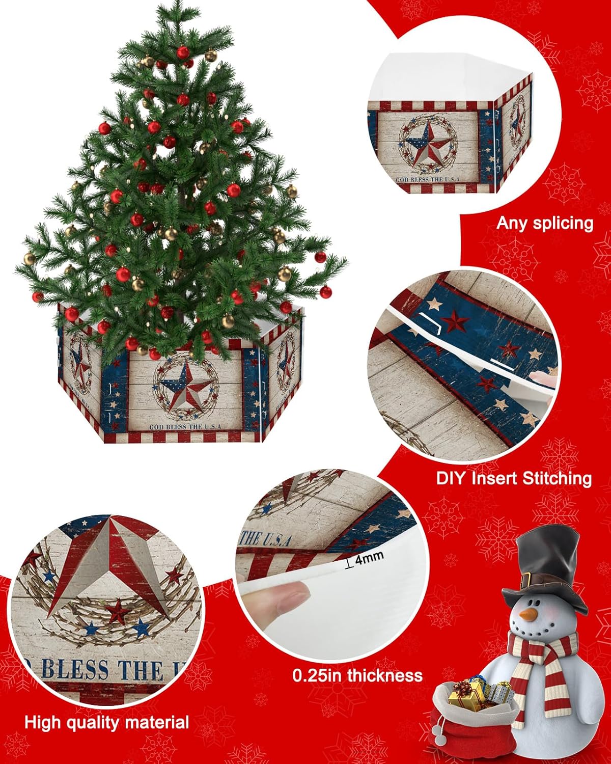 Christmas Tree Collar 4PCS-17"x10", Christmas Tree Ring 4th of July Patriotic Red and Blue Star Retro Christmas Tree Stands Skirts Base Covers for Xmas Holiday Home Decor