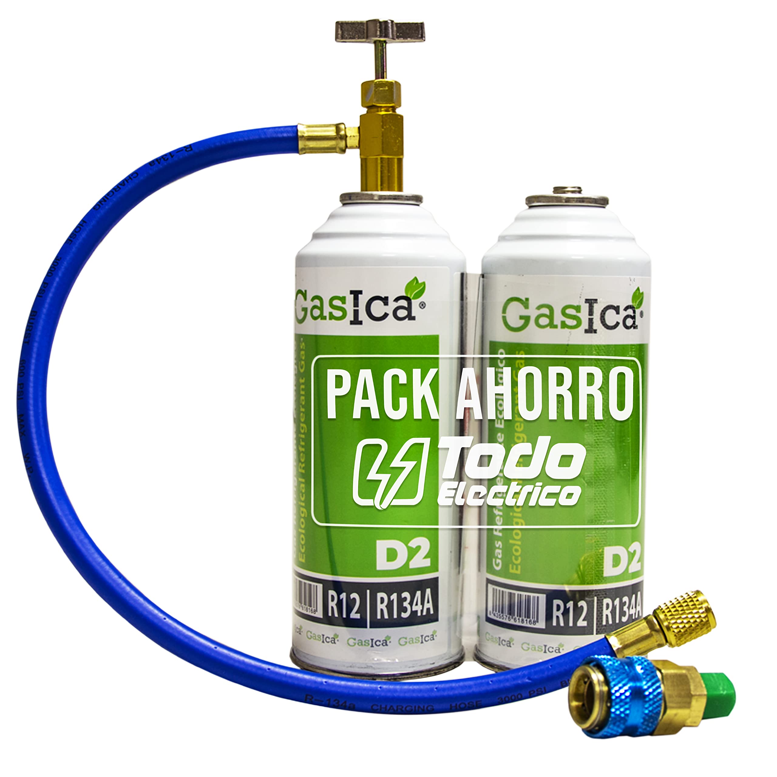 Todoelectrico - Pack Gas refrigerante orgánico Gasica D2 Sustituto R12/R134A con Manguera recarga para aire acondicionado