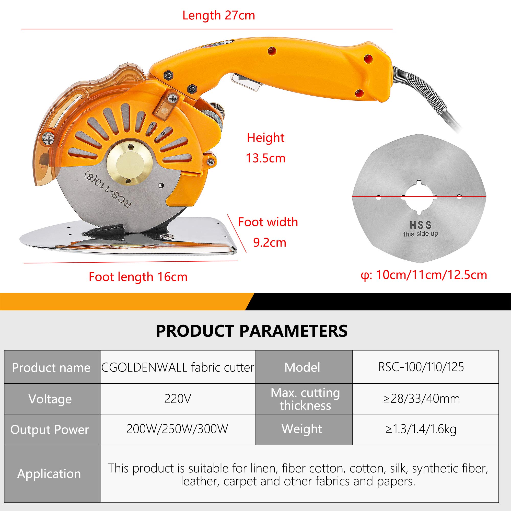 CGOLDENWALL Electric Fabric Cutter Direct Drive Servo Carpet Knife 3-speed-adjustable Electric Scissors with LED Light for Cloth Leather Silk Cotton and Synthetic Fiber 110V-240V (?27mm)