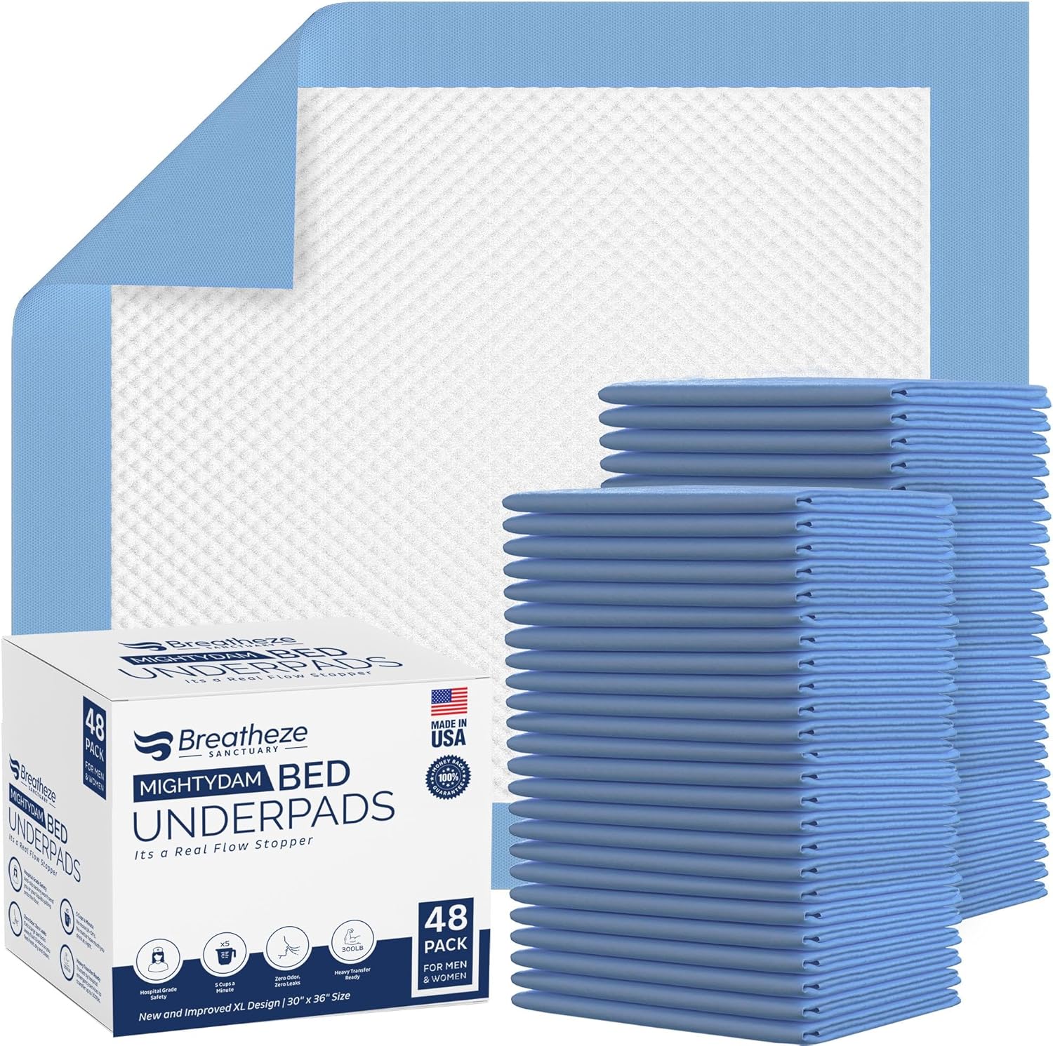 Pads for Beds for Incontinence Adults - Underpads Reposition Rated to 375LB Capacity, 24 Hr No Odor - Softest USA Made Hospital Grade Anti Bunch Absorbent Leak Protector Urine Pee Pads 48-Pack