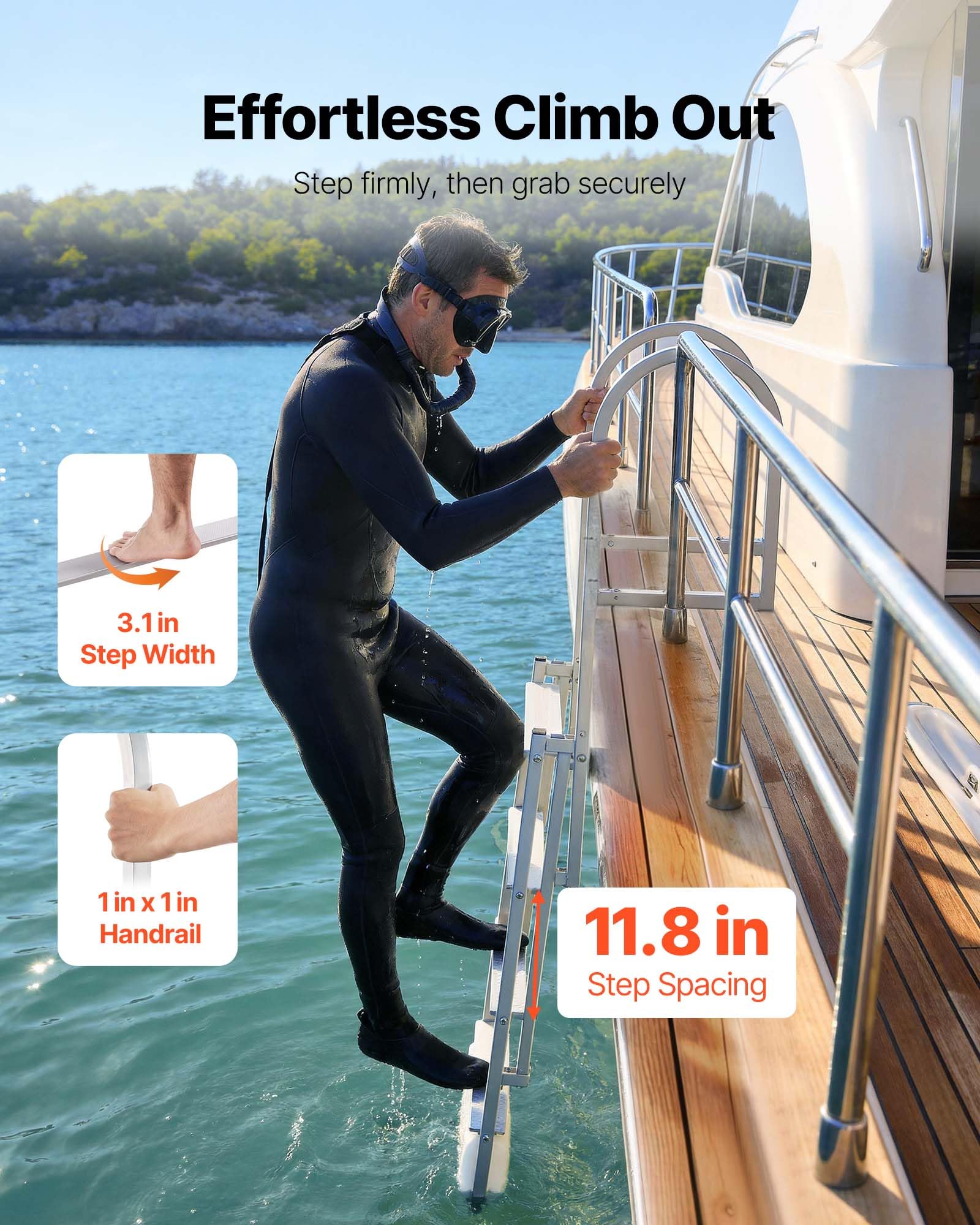 VEVOR Escalera de Muelle Capacidad de 227 kg con 4 Peldaños Antideslizantes, Pasamanos, Escalera Retráctil de Aluminio con Elevación Automática para Pontón Lago Barco Piscina Plataforma de Natación