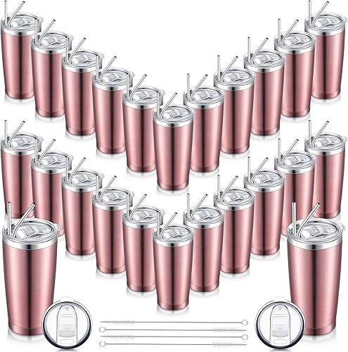 SEEWEY Paquete de 24 vasos de viaje aislados de 20 onzas, vaso de viaje al vacío de doble pared con tapa y pajita, tazas de café de doble pared de