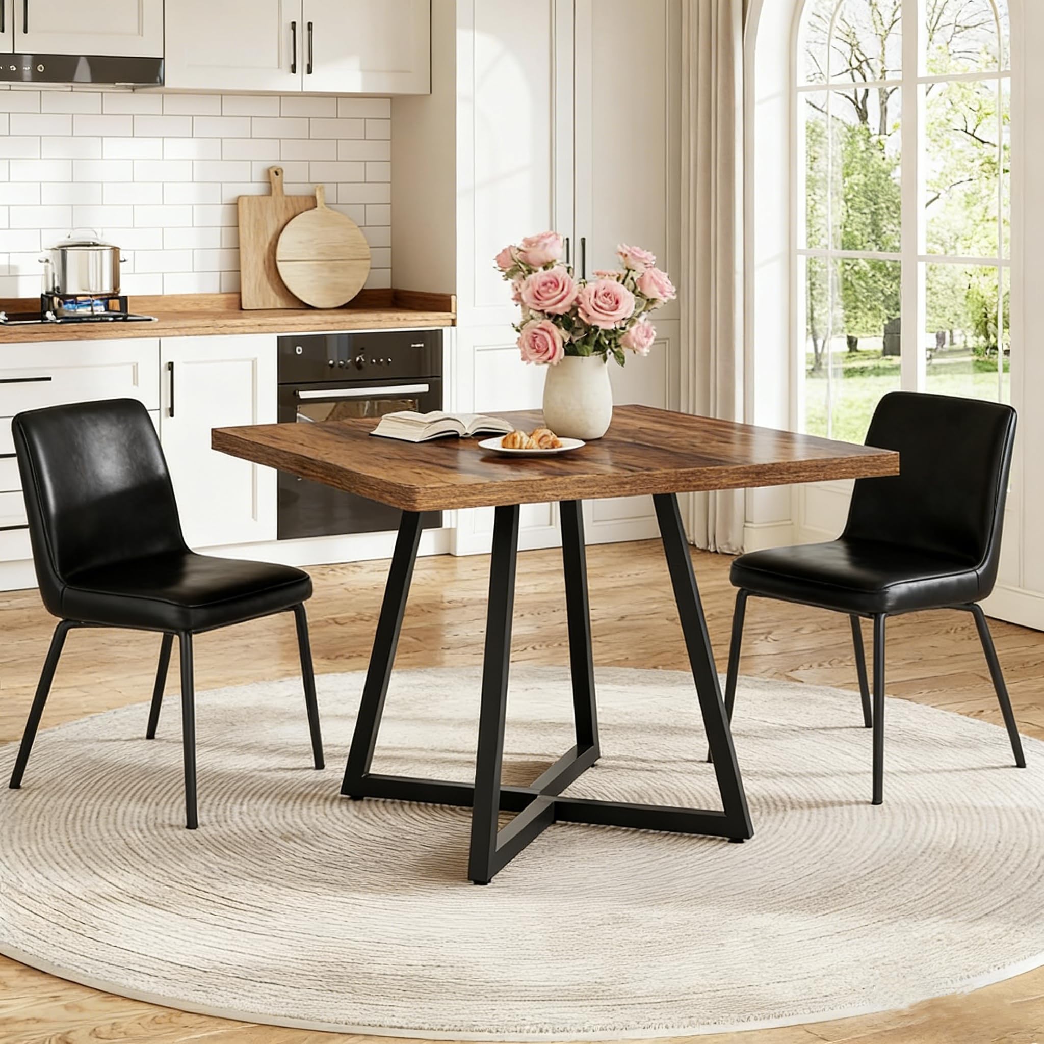 Tribesigns Mesa de comedor de cocina pequeña de 80 cm, tablero de fibra de densidad media, estructura de metal de estilo industrial, fácil de montar, color marrón, 80 x 80 x 75 cm