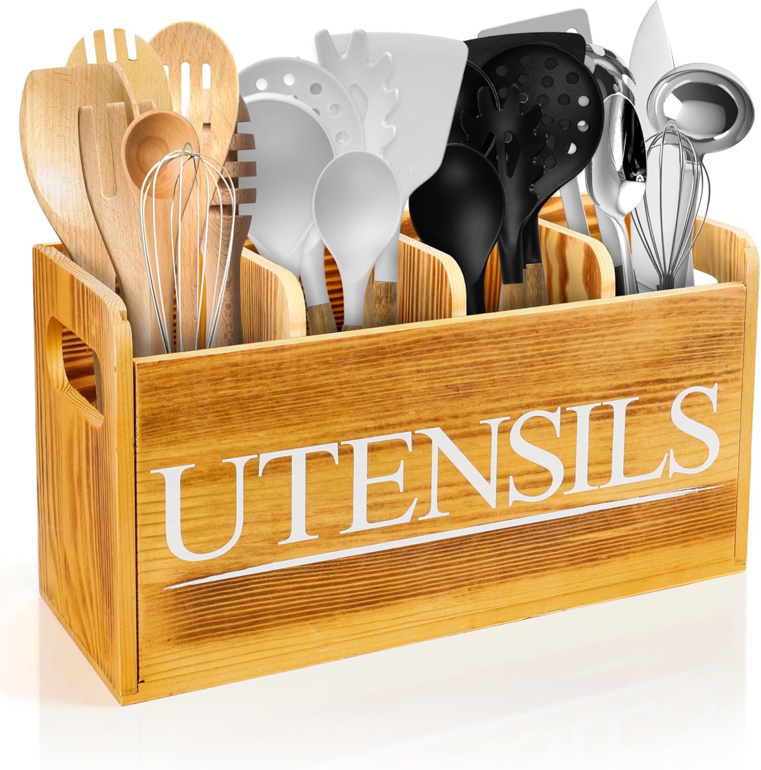 Kitchen Utensil Holder for Kitchen Counter Large Wooden Organizer for Cooking Utensils Utensil Holder Counter Farmhouse Décor (Farmhouse Wooden)