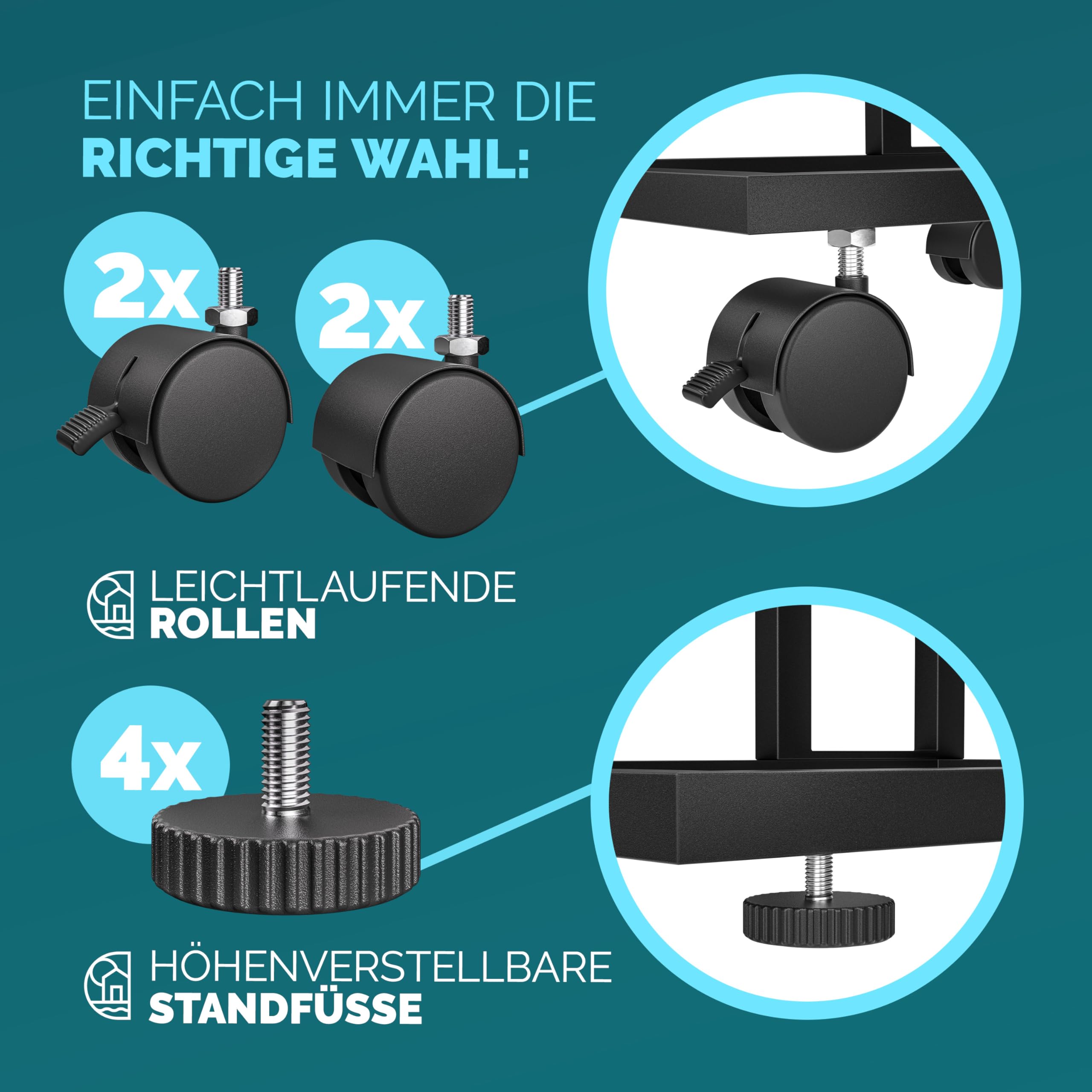 Casaria® Beistelltisch Holz Couch Schwarz 40kg Belastbarkeit 70cm Hoch 50x35cm Tisch Klein mit Rollen Laptop Kaffeetisch C Form Wohnzimmer Nachttisch Gestell aus Metall