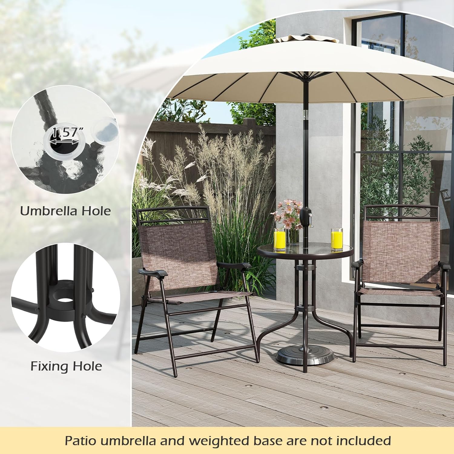 DORTALA Outdoor Bistro Set 3 Piece, Patio Furniture Set for Small Space with Round Table & Folding Dining Chairs, Umbrella Hole for Balcony, Porch, Backyard, Deck
