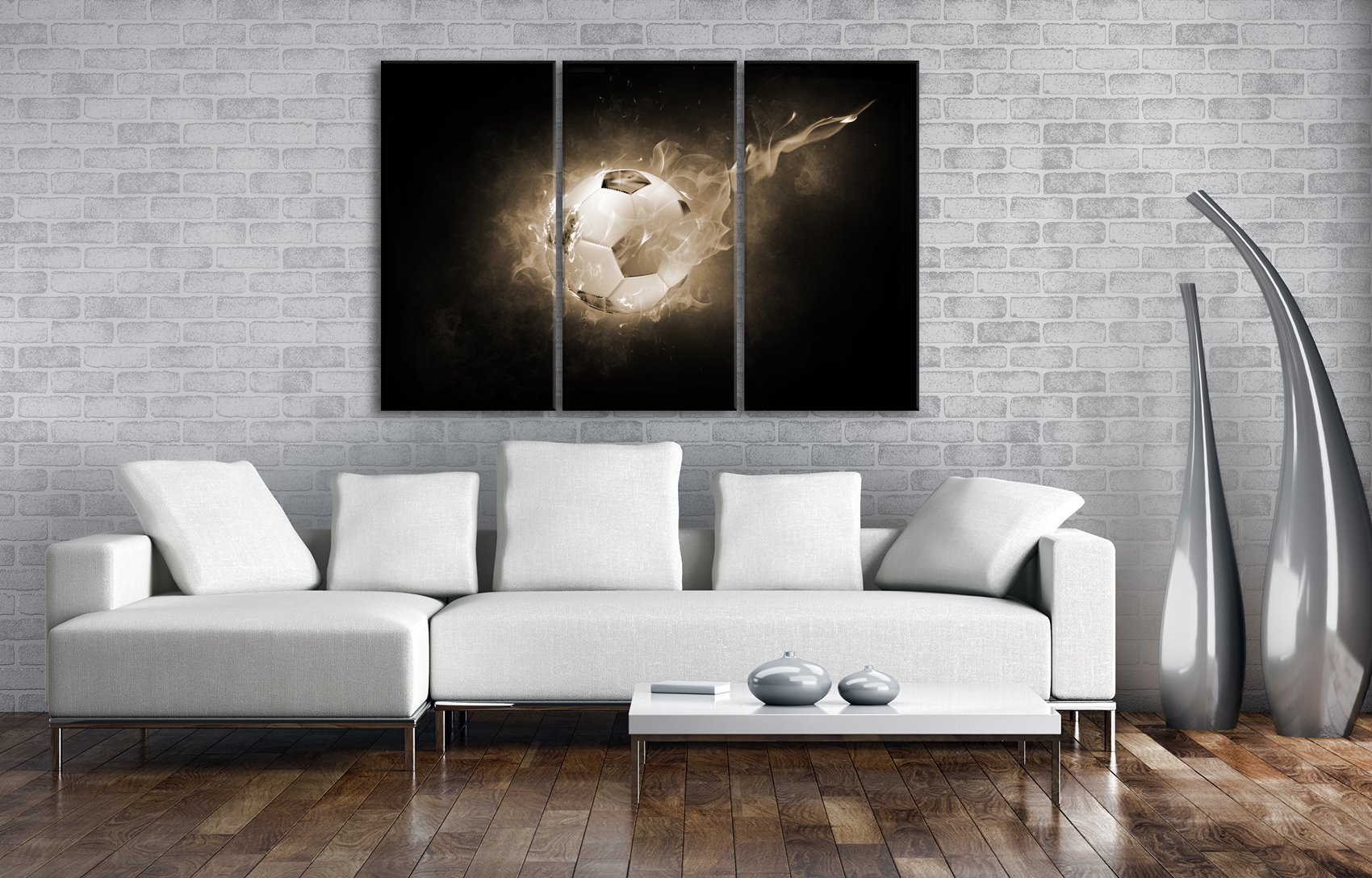 deyoli Formato pallone da calcio scottante: 3 pezzi, 120 x 80 cm, effetto: seppia come stampa su tela, stampa digitale di alta qualità con cornice, nessun poster o poster