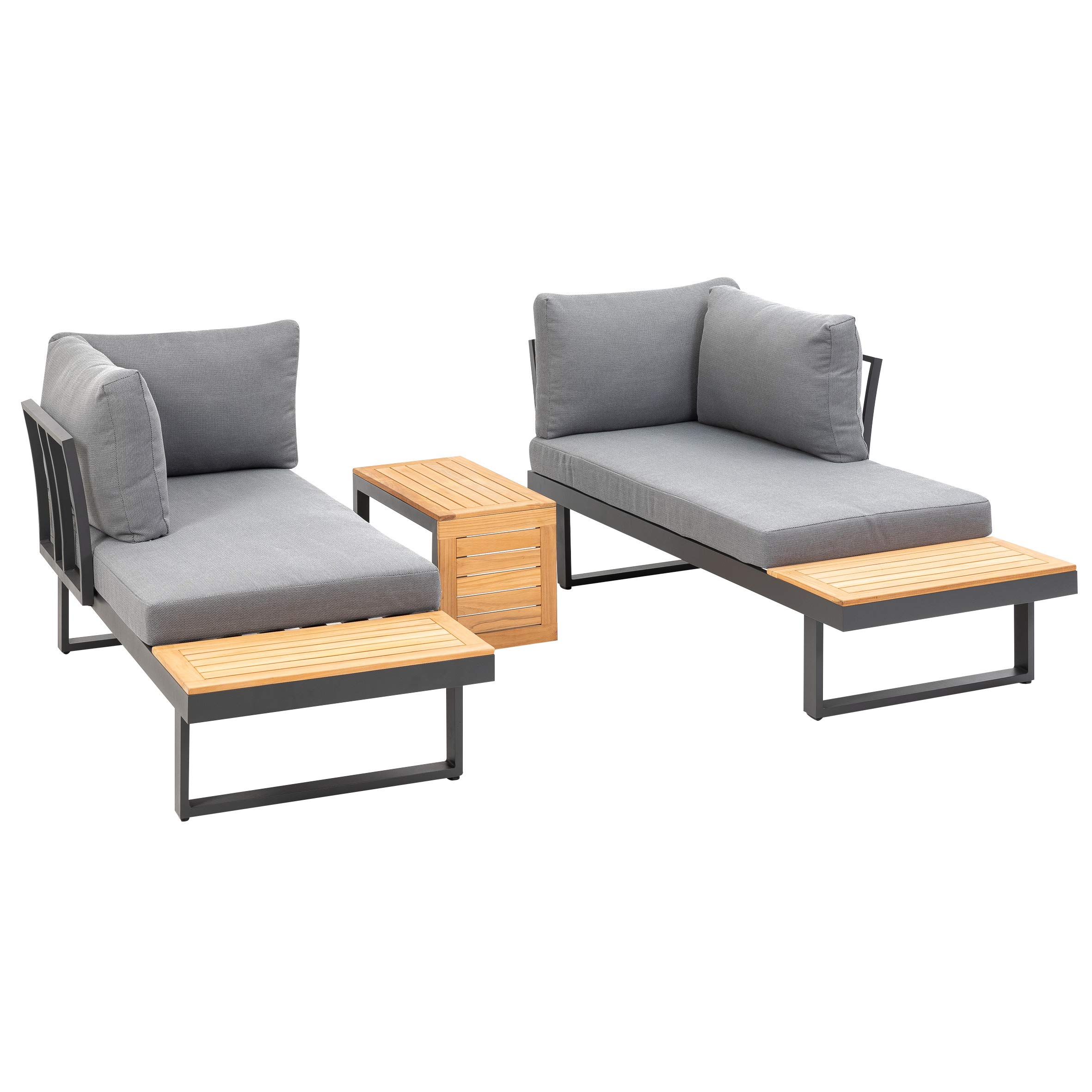 greemotion Ensemble Salon de Jardin Samara, Set de 2 Canapés et Table en Bois d’Acacia FSC® 100%, Cadre Aluminium, Coussins en Polyester Inclus, Gris/Bois