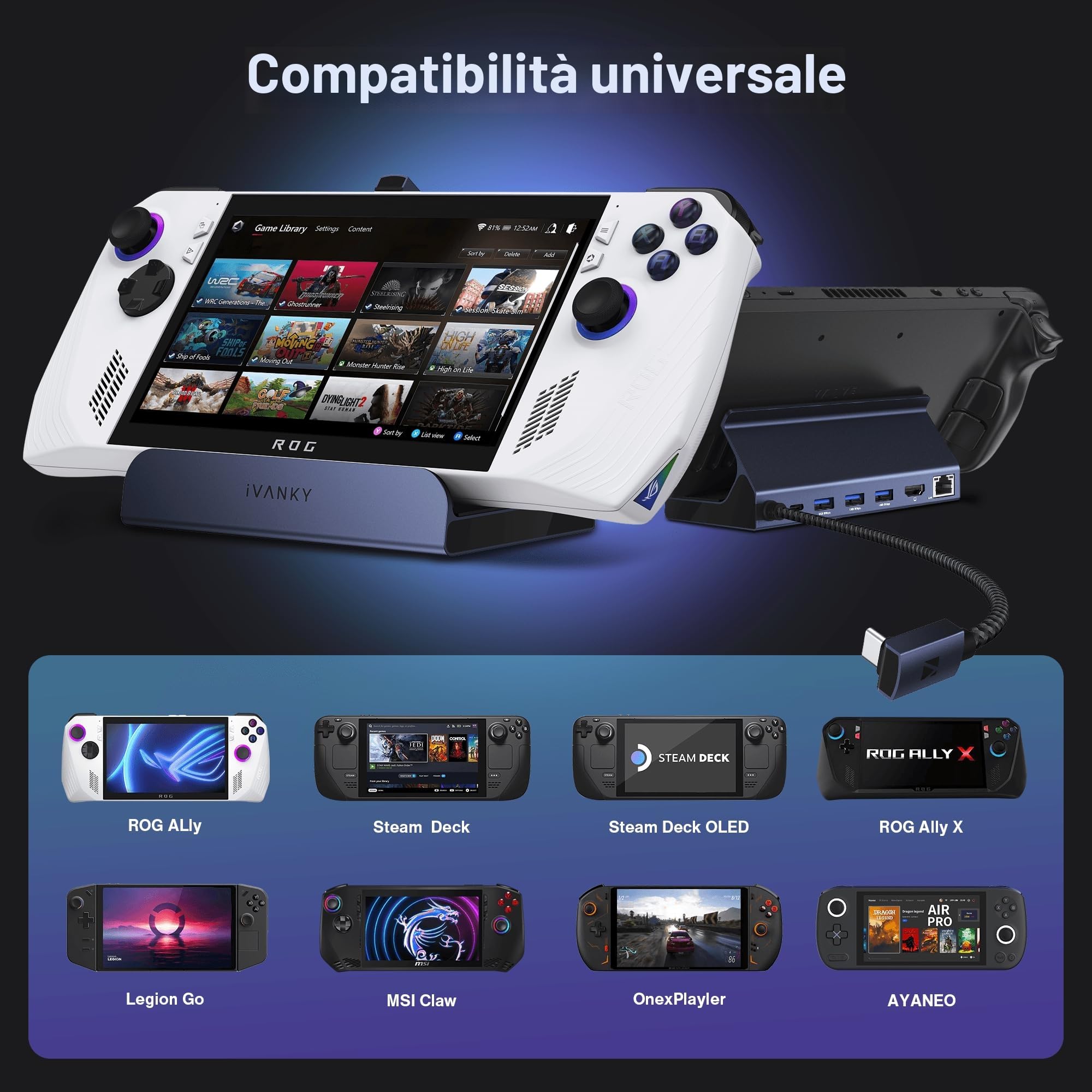 iVANKY 8-in-1 ROG Ally X Dock con HDMI 2.1 4K@144Hz, 3*USB-A 3.0, Carica USB-C da 100W, Ethernet da 1Gbps, Docking Station Compatibile con ASUS ROG Alloy X/Lenovo Legion go/Valve Steam Deck OLED