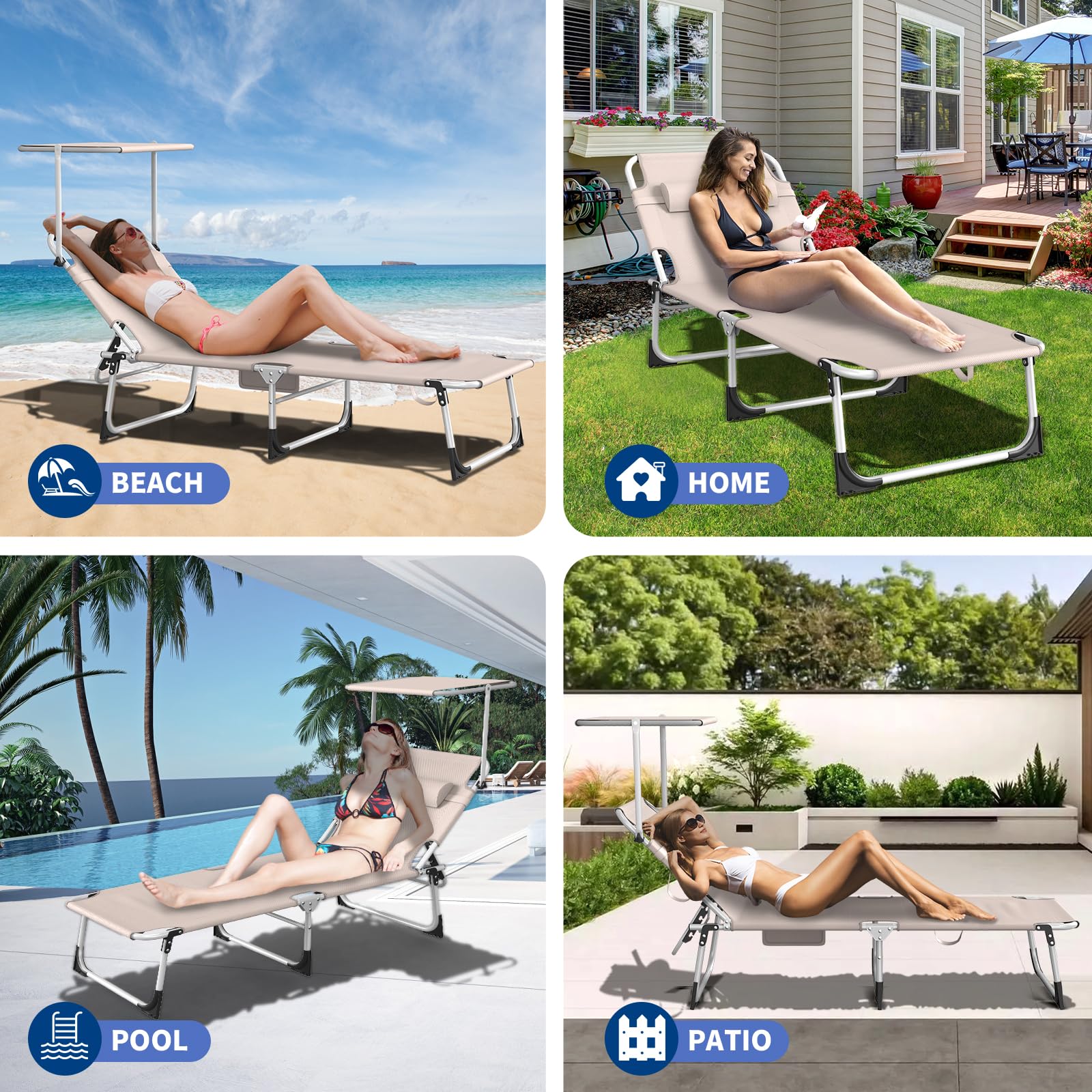 Chaise Longue Bain de Soleil Pliable avec Poche Latérale, Pare-Soleil 360° Ajustable, Transat Extra Large 68 cm, Dossier Inclinable et Appuie-Tête, pour Jardin-Plage-Camping, Tissu Oxford 600D, Kaki