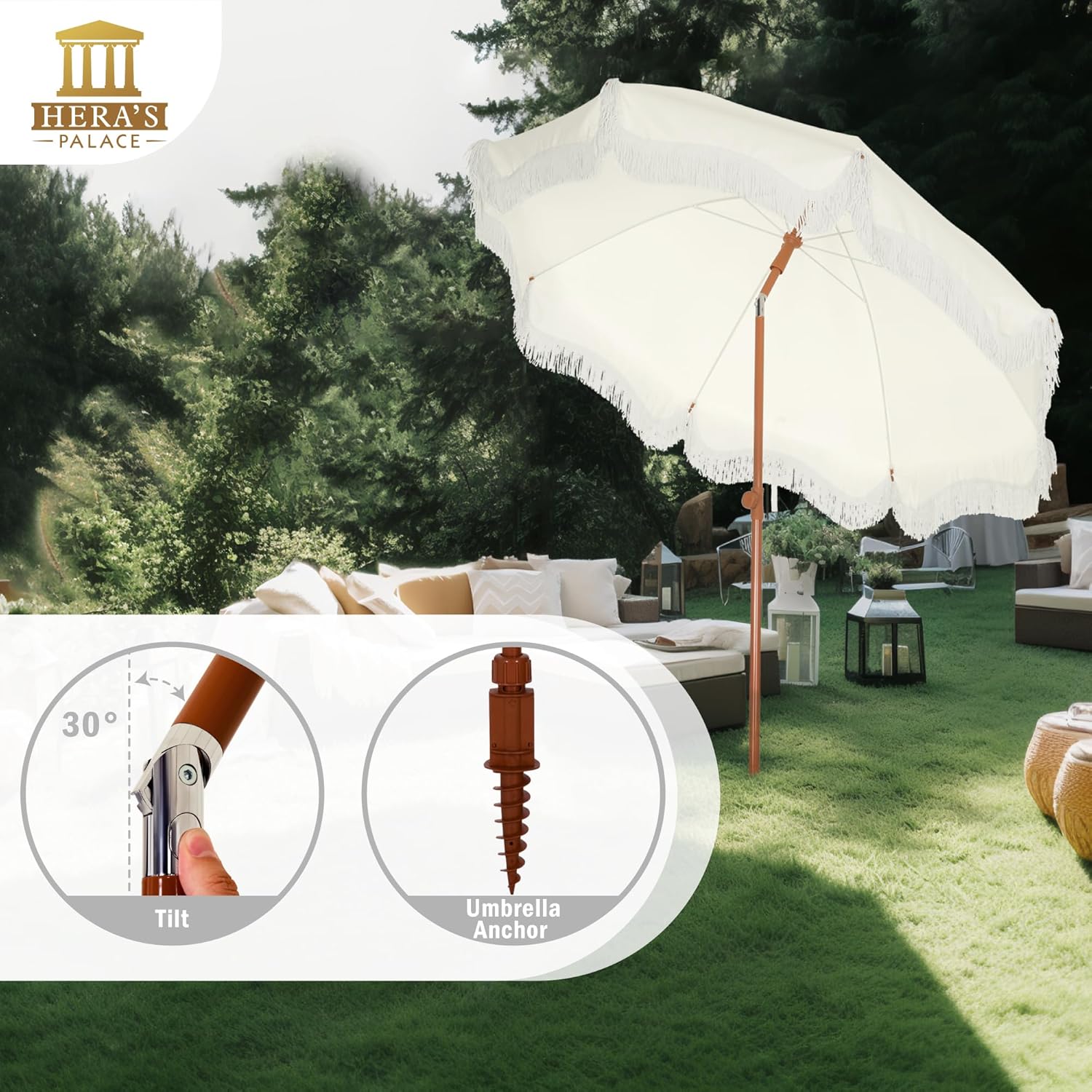 HERA'S PALACE 7ft Heavy Duty Beach Umbrella with Sand Anchor, Fringe Umbrella for Sand, UV 50+, Patio Umbrella with Tilt Pole for Garden Pool Backyard