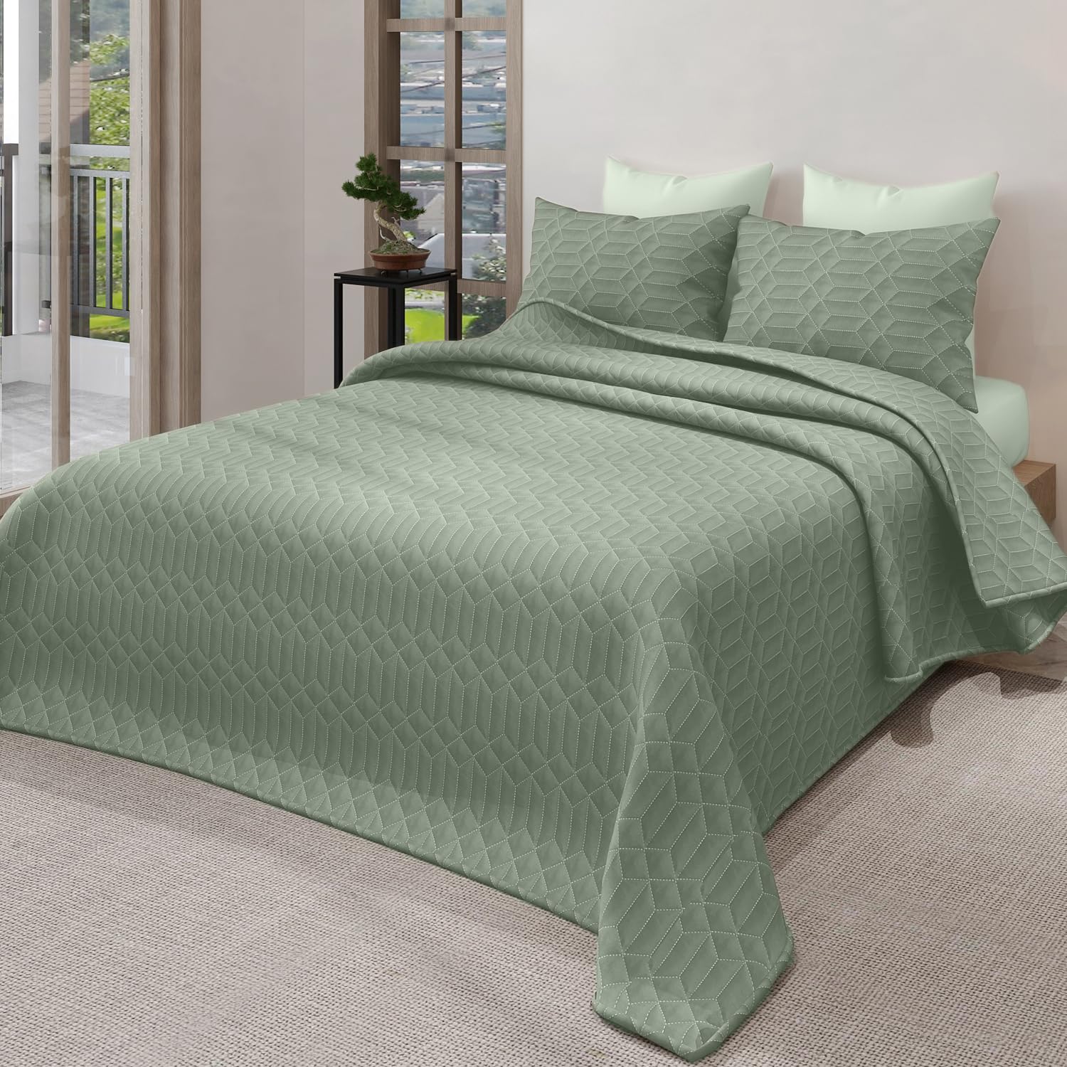 LABHAM® Azure King Size Bedcover Set - 300GSM Ultra Sonic Quilted, (90"x108") Super Soft, Durable, Easy Care, Bedspread with 2 Pillow Covers & Storage Bag (SAGE Green)-picture-23