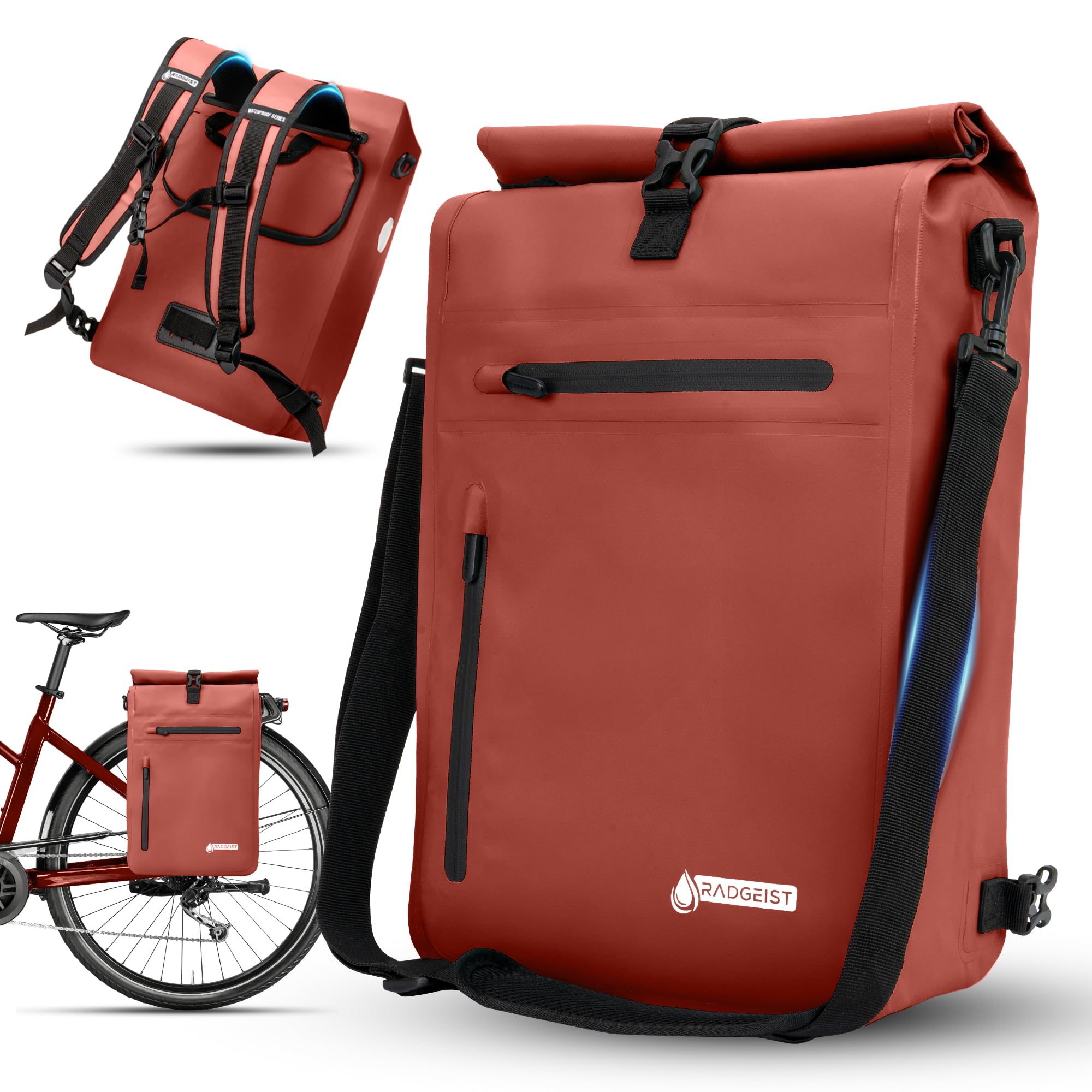 RADGEIST 3-in-1 Bicycle Bag for Pannier Rack - Pannier Rack Bag Waterproof, Extra Robust with Quick Suspension - Bicycle Bag Backpack (20 Litres) - Bicycle Backpack (Bordeaux Red) — image 1