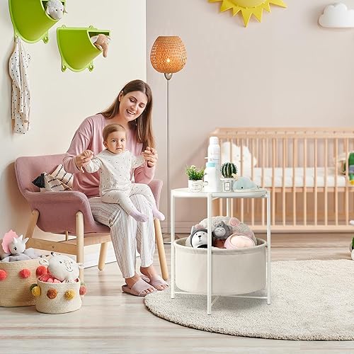 Miniatura 39 de danpinera Mesa auxiliar redonda con cesta de almacenamiento de tela, mesita de noche pequeña de metal con bandeja extraíble para sala de estar,