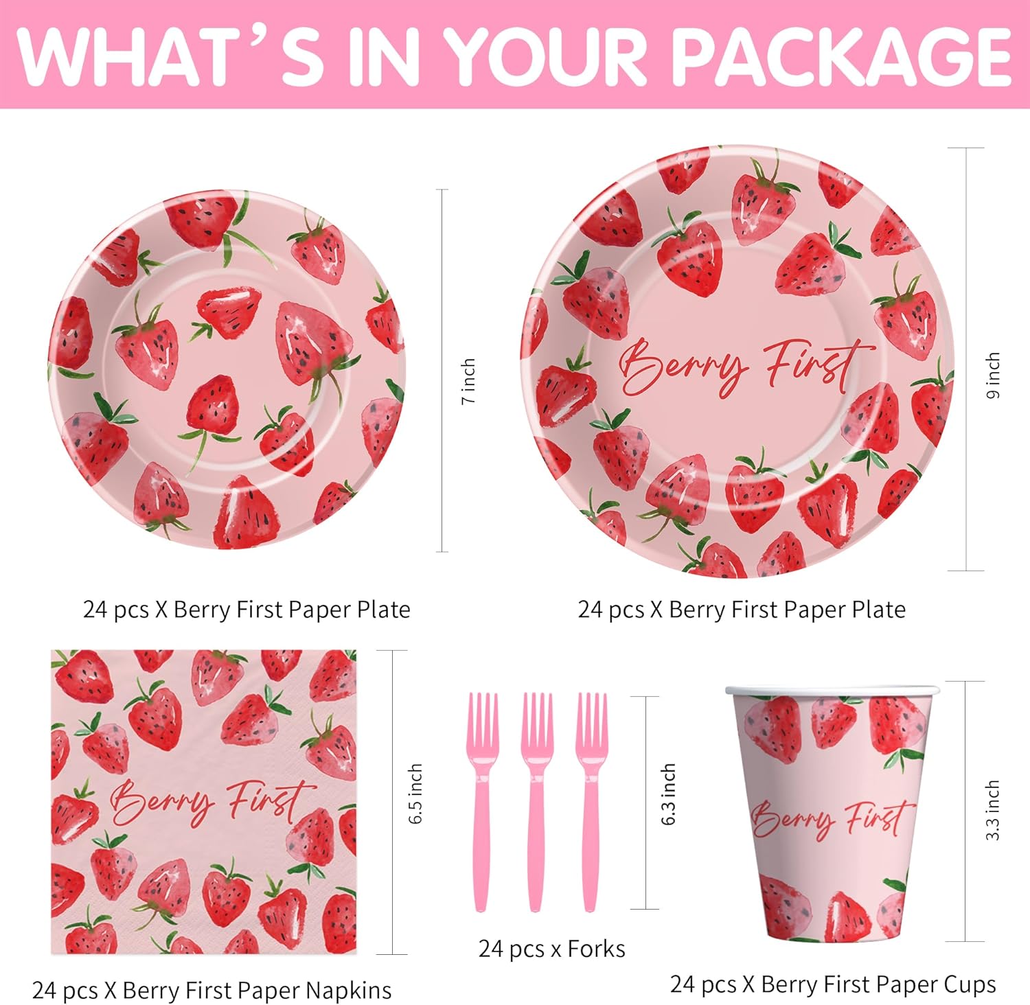 Strawberry Berry First Birthday Party Supplies - Strawberry 1st Birthday Party Decorations Tableware, Plate, Cup, Napkin, Fork, Serve 24 - Image 2