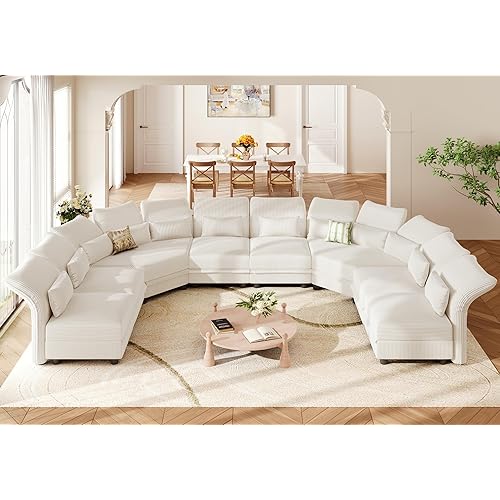 LLappuil Oversized Curved Sectional Couch with Storage, Large U Shaped Modular Sectional Sofa for Living Room with Adjustable Arms Backs, Thick Plush Cushion, 8 Seater, Beige Corduroy