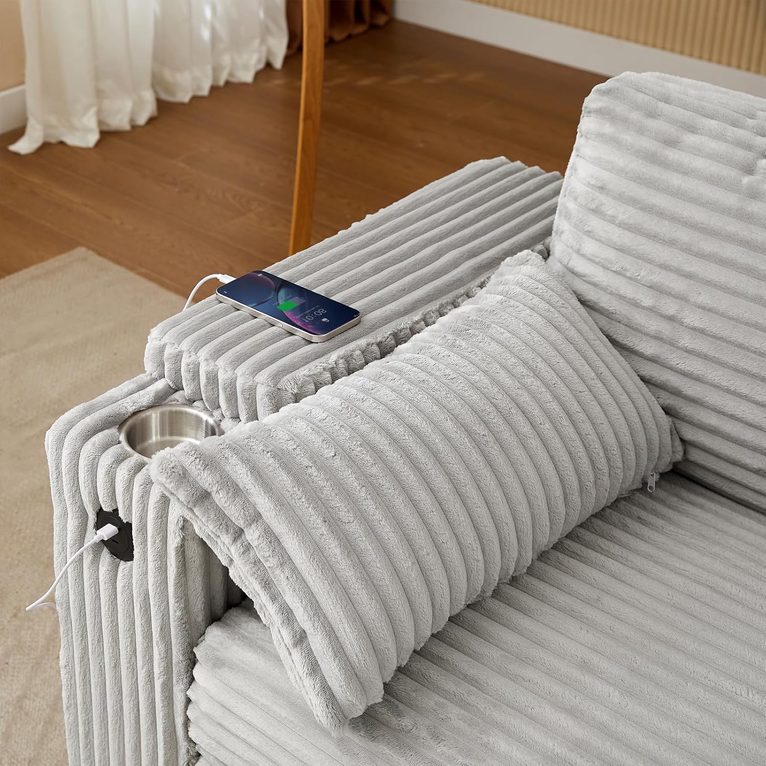 hansones 68.11" Corduroy Sleeper Chair Bed with USB Port, Cup Holders & Side Storage Pockets – 3-in-1 Foldable Sofa Bed for Guest Room, Living Room (ZY-1110-Light Gray)