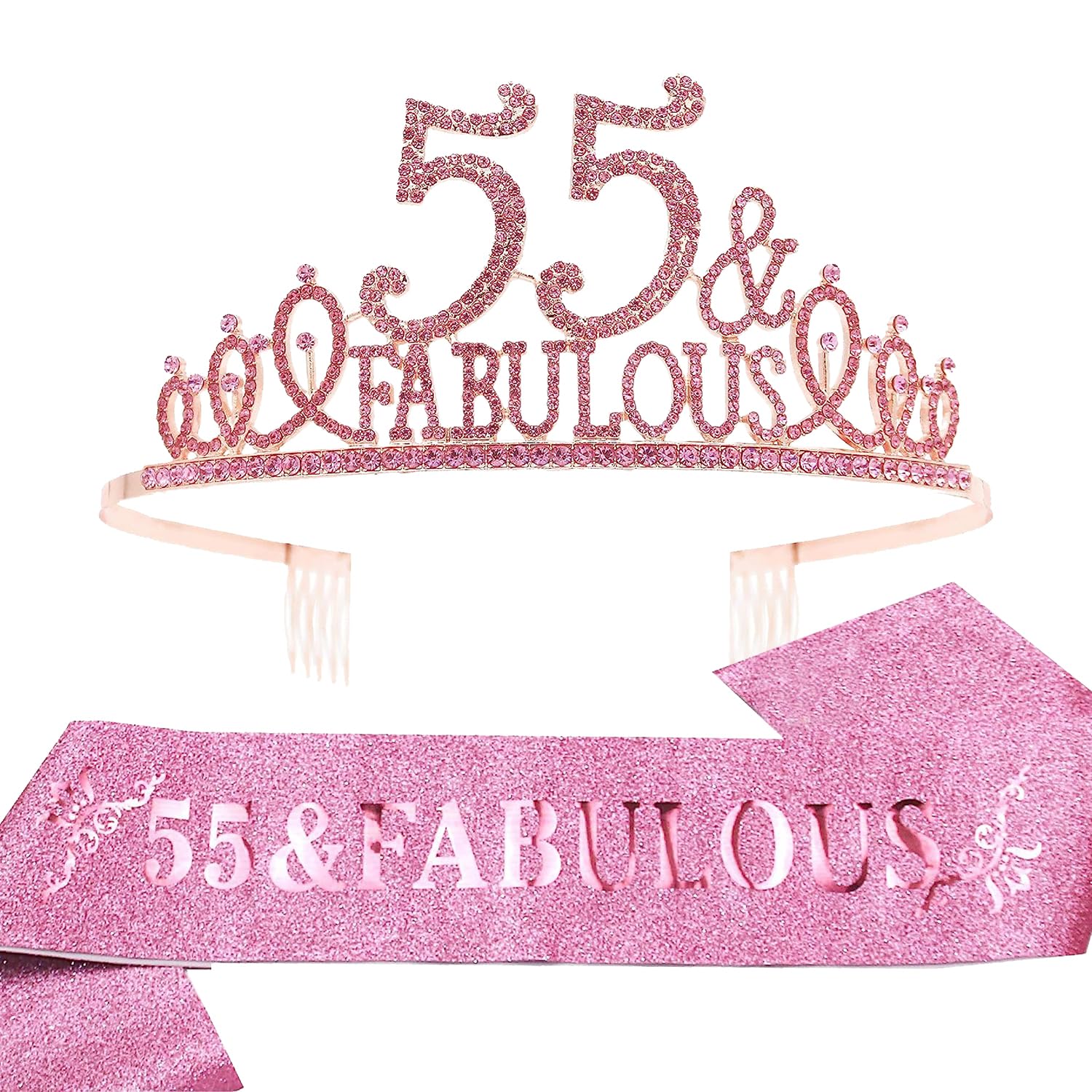 EBE EmmasbyEmma 55th Birthday Sash and Tiara for Women - Fabulous Glitter Sash + Fabulous Rhinestone Pink Premium Metal Tiara for Her, 55th Birthday Gifts for 55 Party