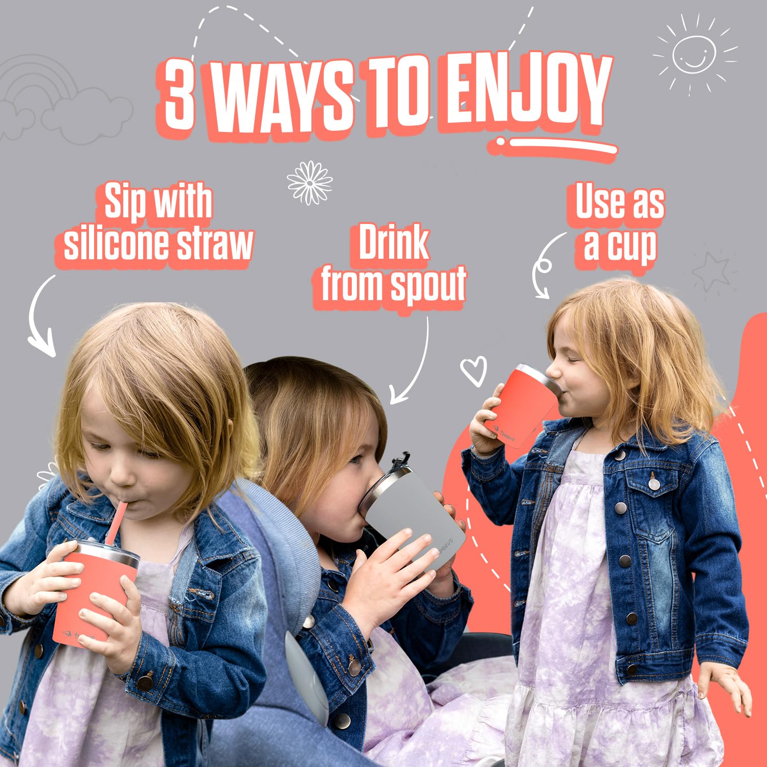 Sippy Cups For Toddlers 1-3 - Toddler Cups w/Screw Lids - Stainless Steel Kids Tumblers With Straws and Lids - 2 Pack - Image 3