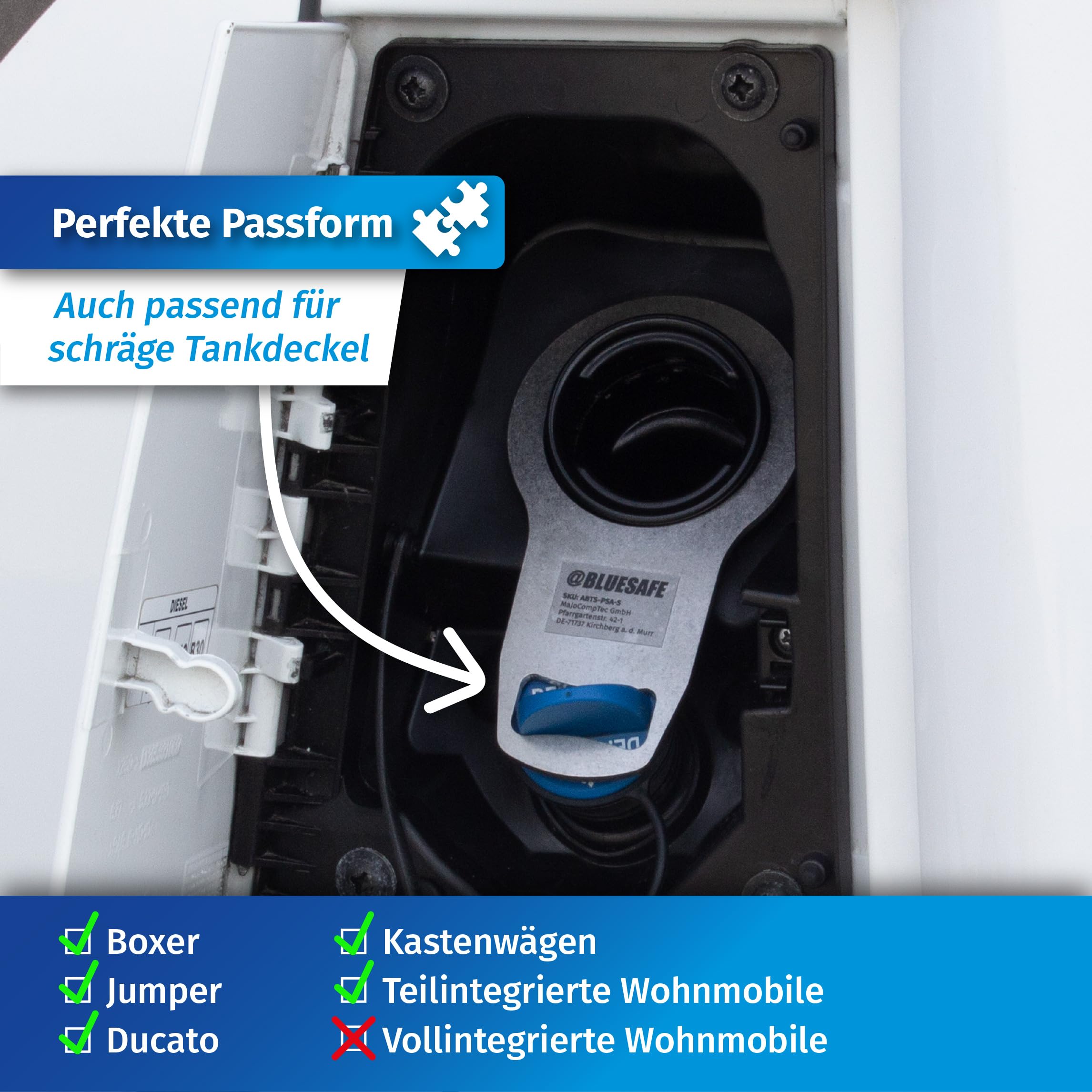 MaJoCompTec® ADBLUESAFE Zabezpieczenie korka wlewu paliwa, zabezpieczenie wlewu paliwa AdBlue, akcesoria do samochodów kempingowych (wersja ze stali nierdzewnej, bezpiecznik Boxer + Jumper + Ducato)