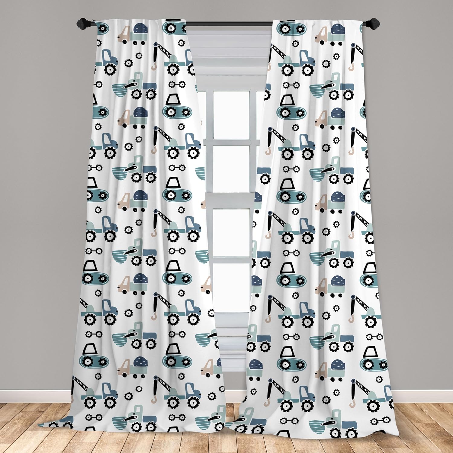Lunarable Cars Window Curtains, Design with Hand Drawn Vehicles as Tractors and Trucks Scandinavian Pattern, Lightweight Decor 2-Panel Set with Rod Pocket, Pair of - 28" x 95", Blue Black