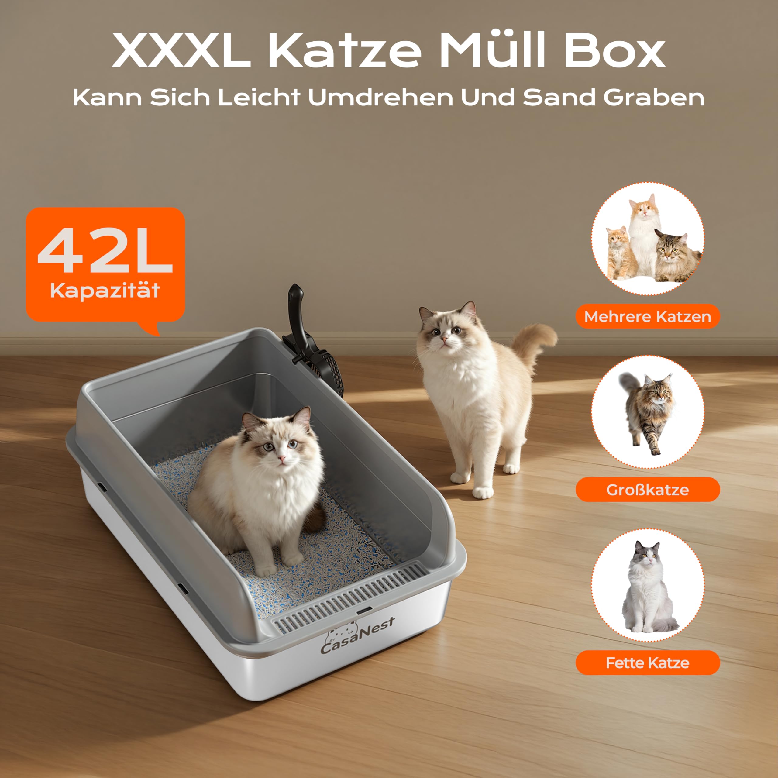 XXXL Katzenklo Edelstahl,70 * 50 * 25cm, Extra Große Metall Katze Müll Box für große, Multi Katzen, Katzentoilette Edelstahl, Anti-Leckage, Metallpfanne, Leicht zu Reinigen, Langlebig