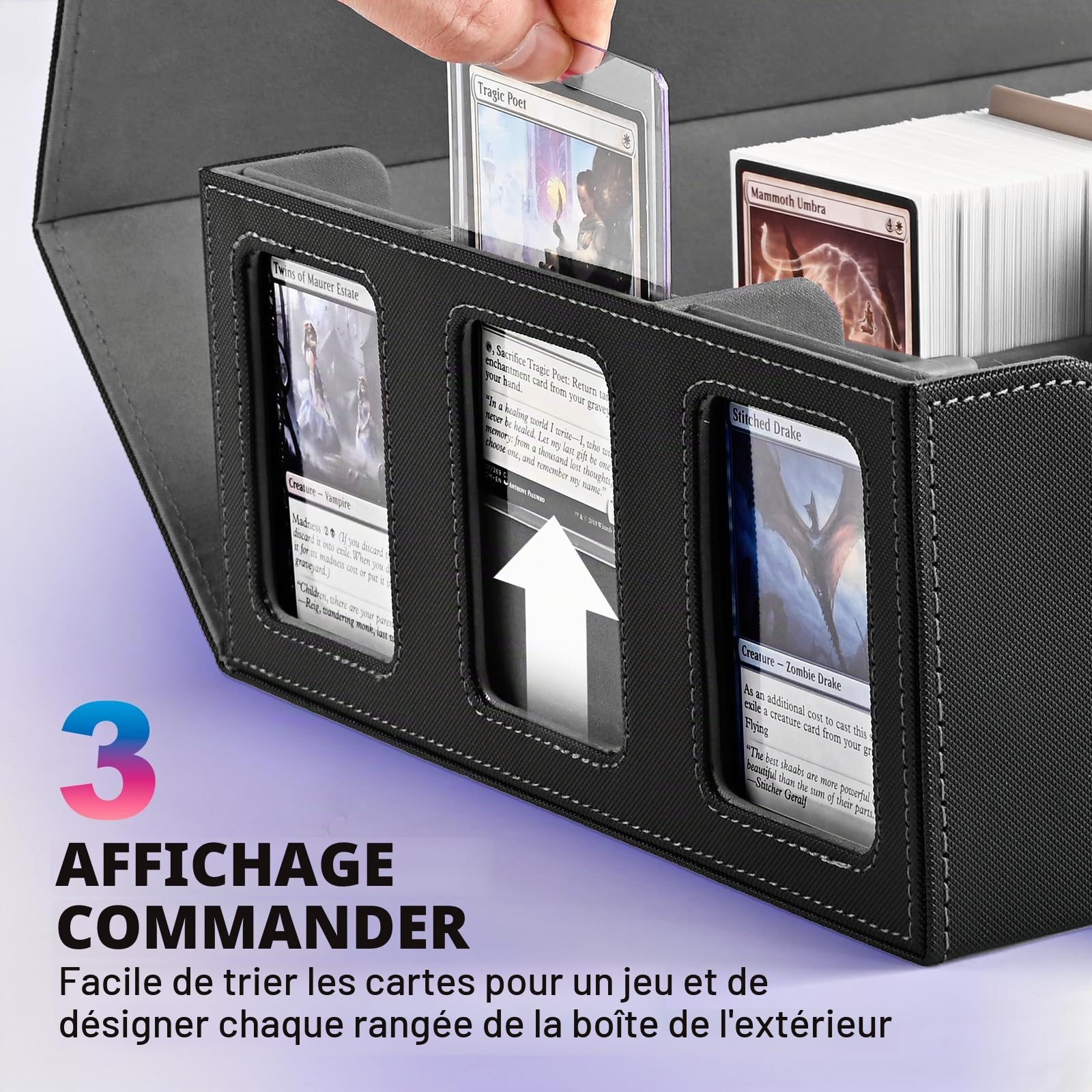 UAONO Boîte de rangement pour cartes à collectionner pour écran Commander, plus de 1800 MTG avec 3 toploaders, étui pour cartes de sport Magic PTCG (noir et gris)