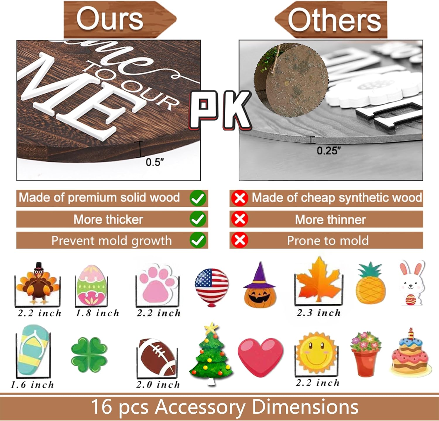 Interchangeable Welcome to Our Home Sign, Equipped with 16 Replaceable Icons, Farmhouse Front Door Signs Wooden Wreath Suitable for All Seasons Holiday Halloween Christmas (12x12 Inch)