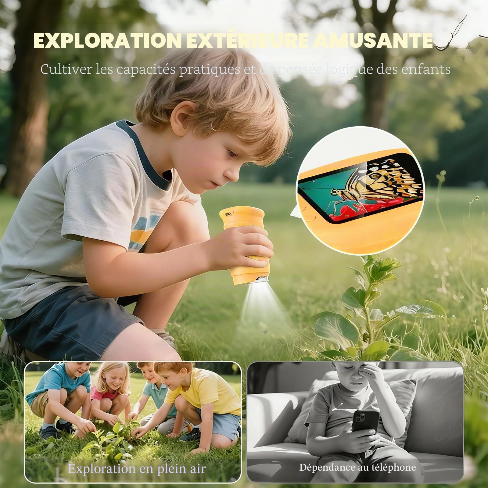 Microscope Numérique pour Enfants, 1000X Portable Rechargeable Microscope Numérique, IPS 2'', 8 Lumières LED, Scientifique et Jouet Éducatif pour Enfants 3–12 Ans