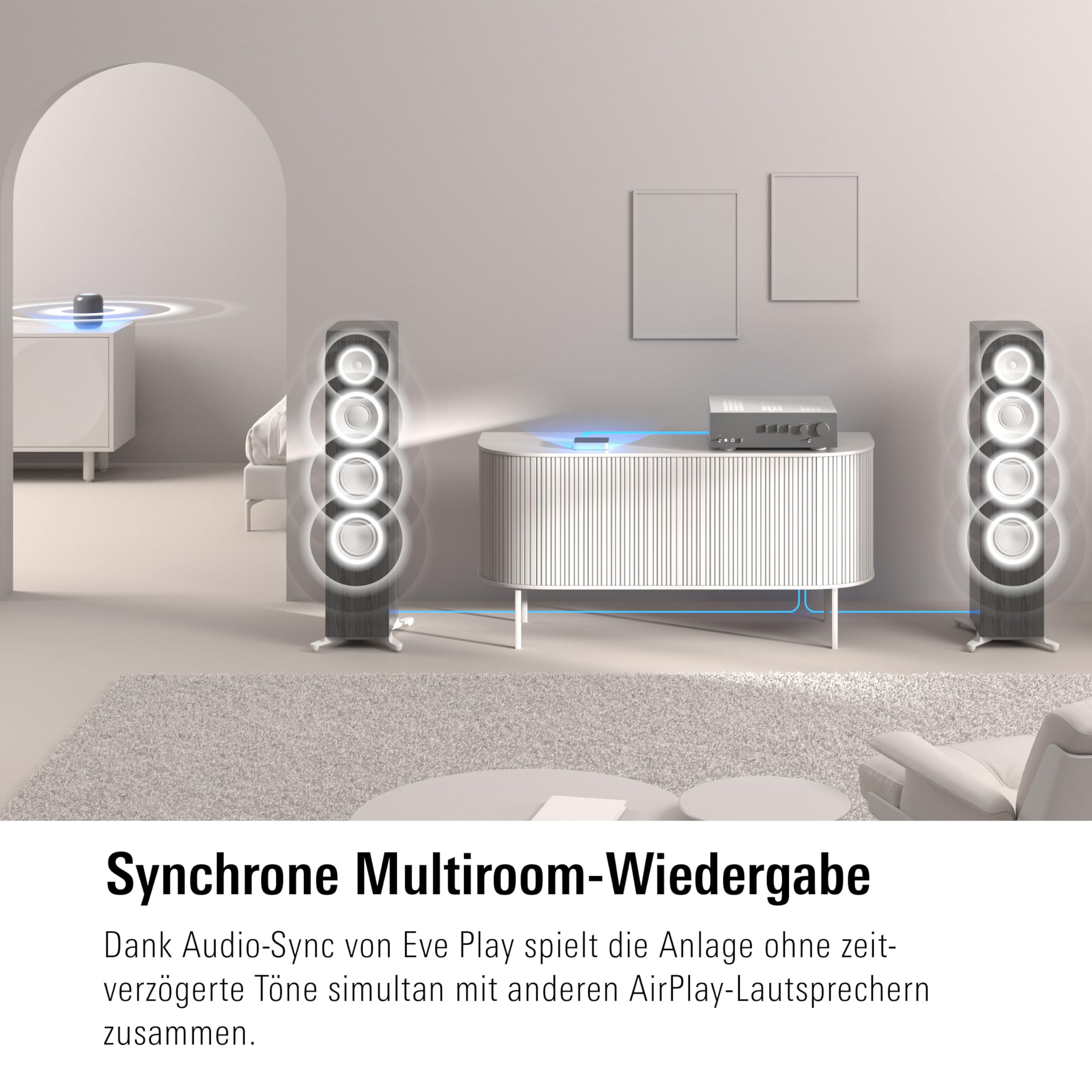 Eve Play (Apple Home) – Audiostreaming Adapter für AirPlay, Automatischer Latenzausgleich, Leistungsstarker Digital-Analog-Wandler, DREI Audioausgänge, Ethernet und WiFi