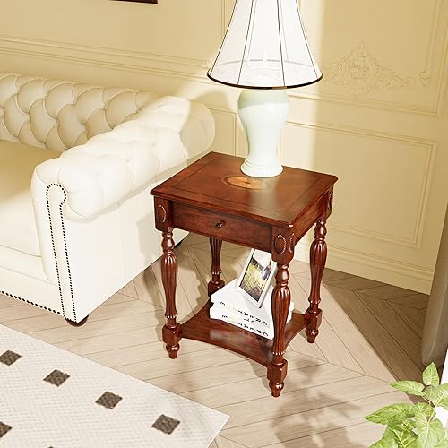 LEEMTORIG Mesas auxiliares de madera maciza para sala de estar, mesa auxiliar decorativa con cajón y estante de almacenamiento, mesitas de noche