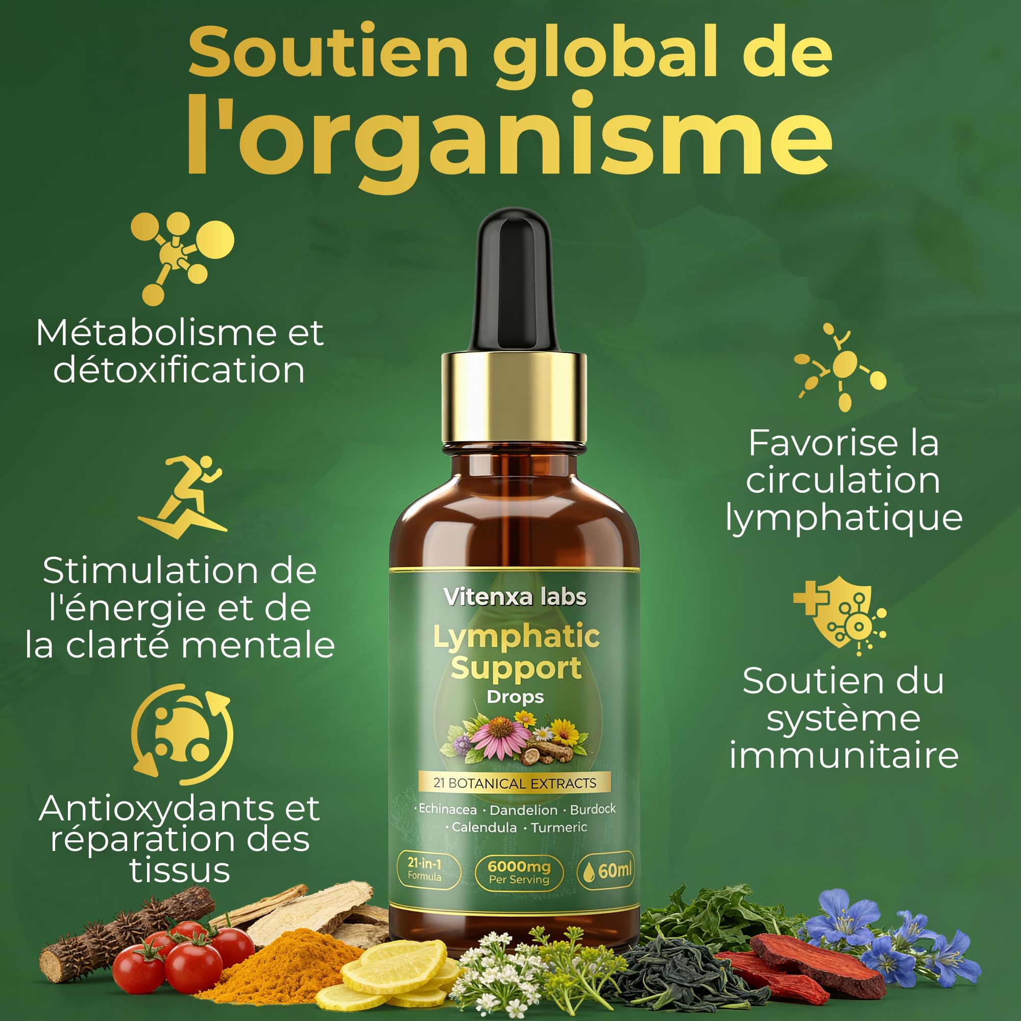 Gouttes pour le système drainage lymphatique- Extrait d'un mélange botanique 21 en 1 - Favorise l'équilibre, le bien-être et le système immunitaire - 100% naturel - Sans OGM - 60 ml