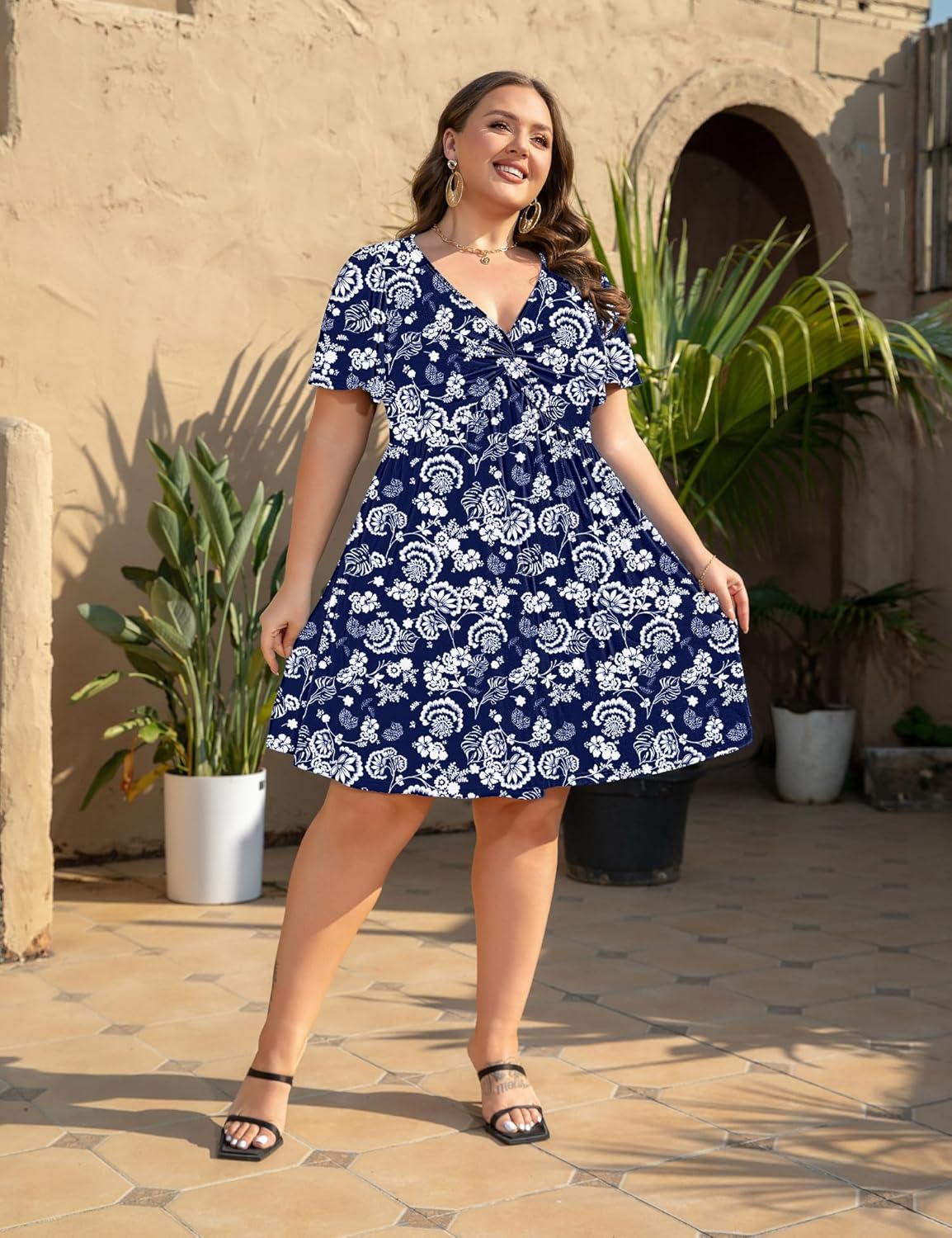 Womens Plus Size Summer Dress Casual Short Sleeves Deep V Neck Twist Knot Front Flowy Dress (Floral-02,4XL) - Image 6