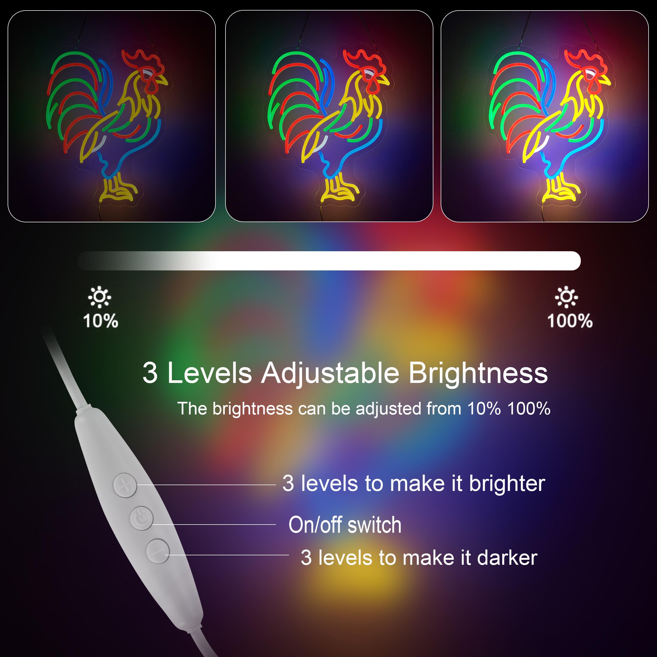 Roouneon Letrero de neón de gallo para decoración de pared, letreros LED de pollo con interruptor regulable, luz de decoración artística para hombre, cueva, cerveza, bar, sala de juegos
