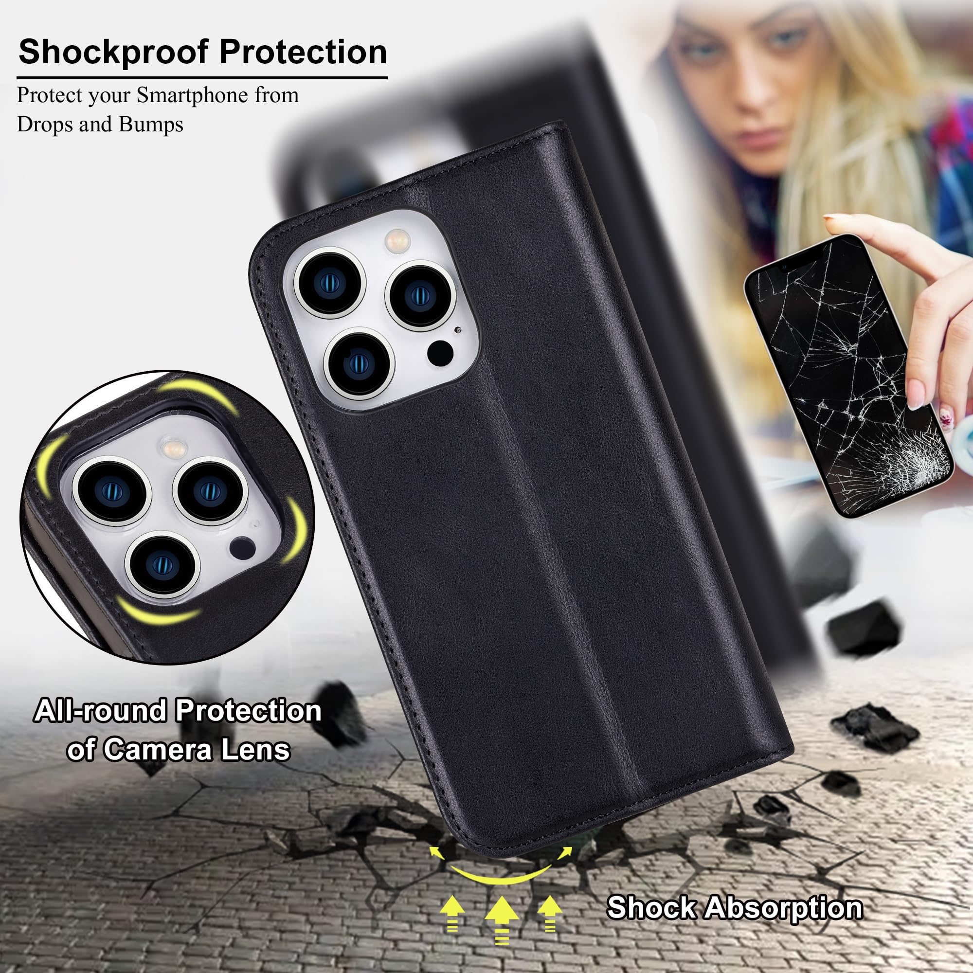 VS VISOUL Hülle für iPhone 16 Pro max,Schutzhülle Echt Leder Schützt vor Stoß Kartenfach Magnetverschluss Stand klappbar handyhülle Handytasche Etui Case für iPhone 16 Pro max Schwarz A