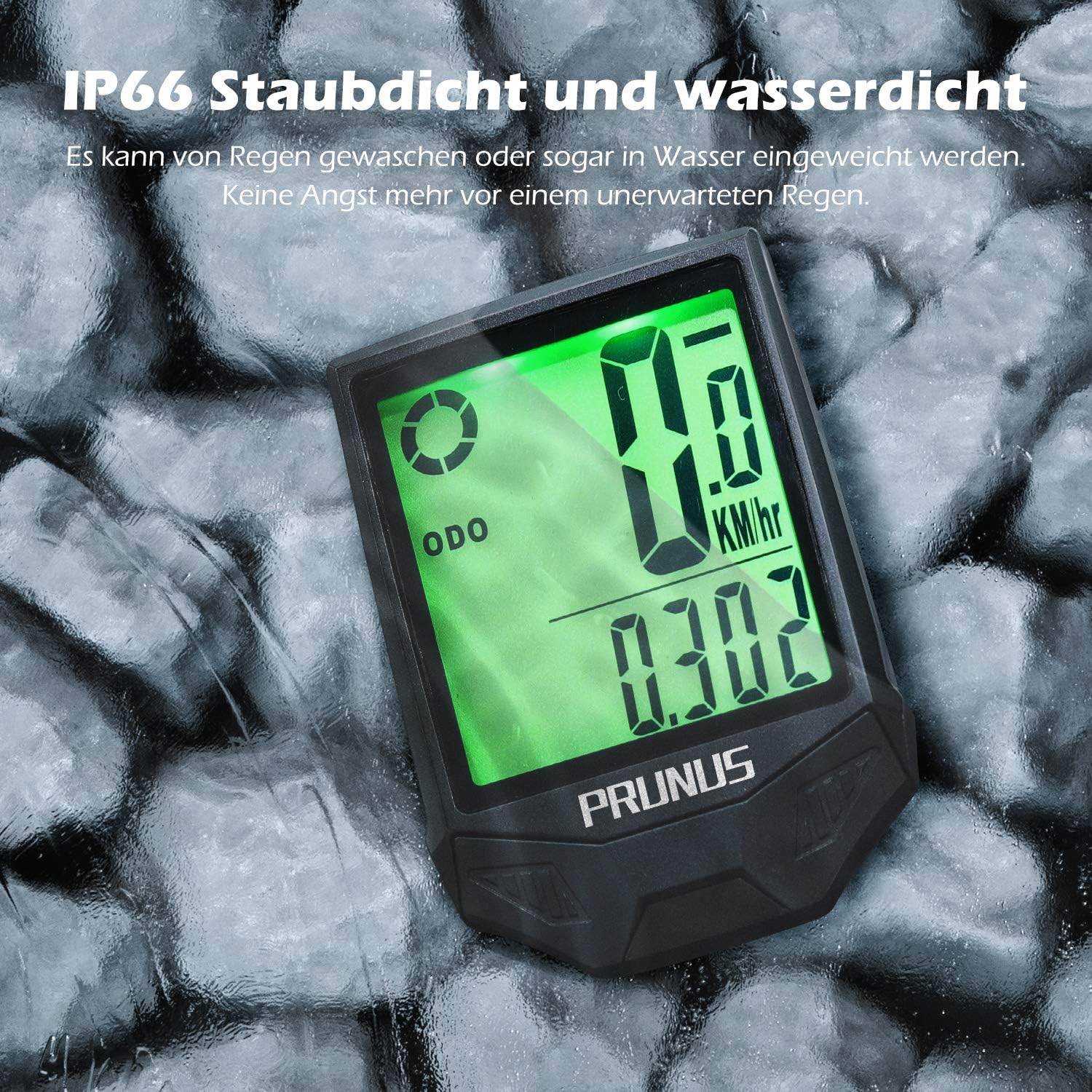 PRUNUS bike computer with water droplets on its screen, resting on a surface that appears to be ice or wet, demonstrating its IP66 waterproof capability.