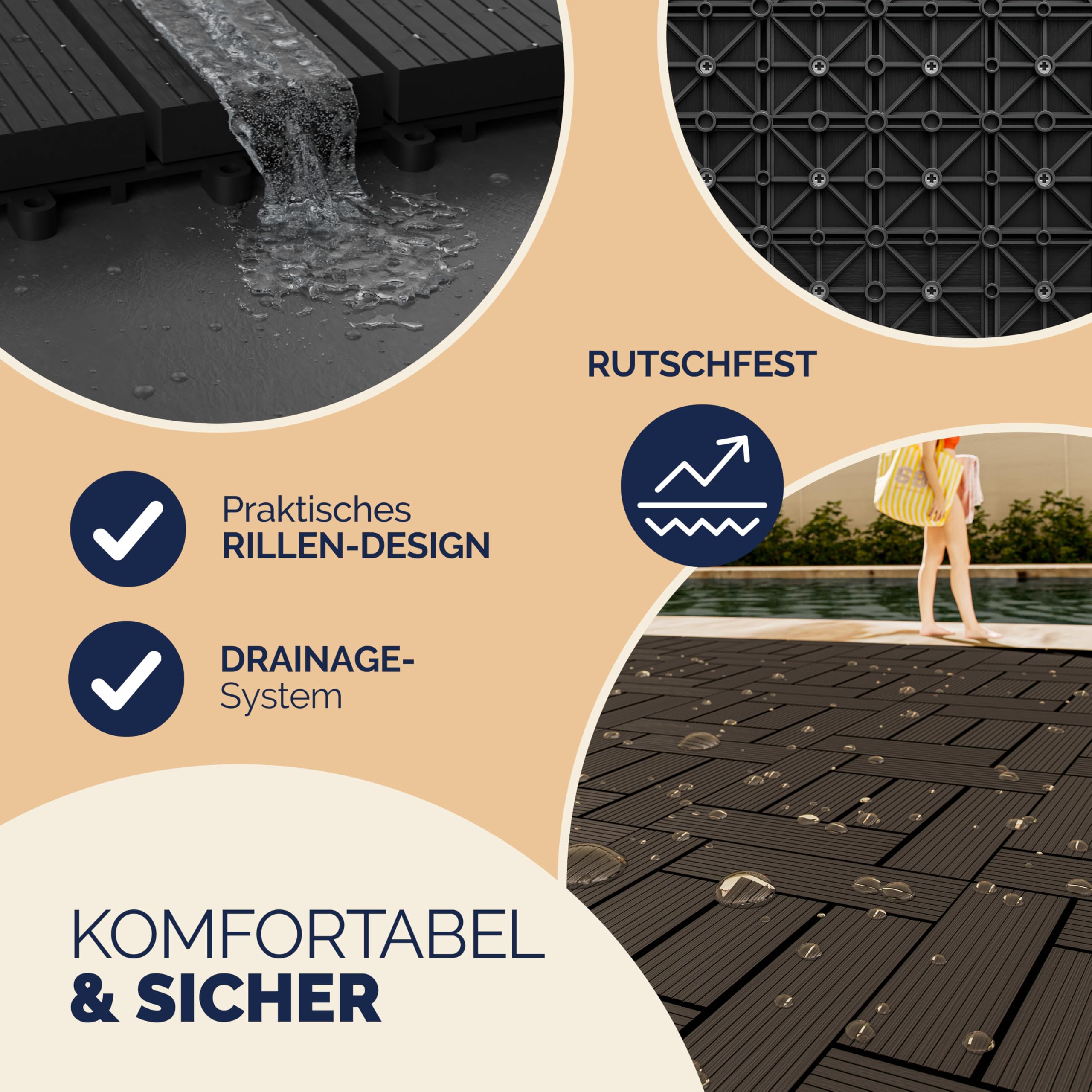 CASARIAŽ WPC Fliesen 30x30 cm 66er Set 6m˛ Stecksystem Drainage Zuschneidbar Terrasse Balkon Garten klick Mosaik Anthrazit