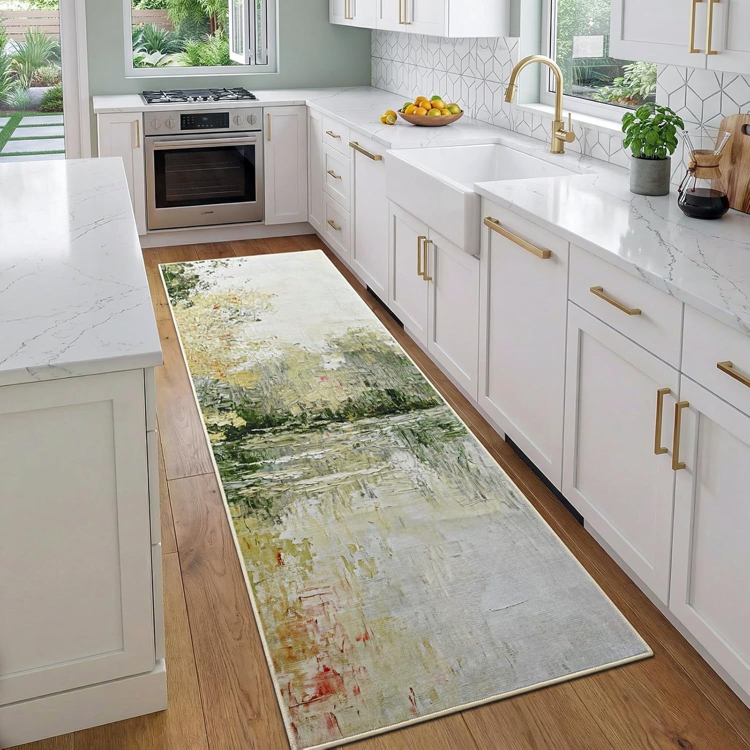 Hallway Runner Rug, 2x8 Abstract Washable Runner Rugs with Non Slip Backing, Ultra Soft Modern Printed Carpet for Bedroom Kitchen Entryway Laundry Farmhouse Nursery Home Office Decor, Green