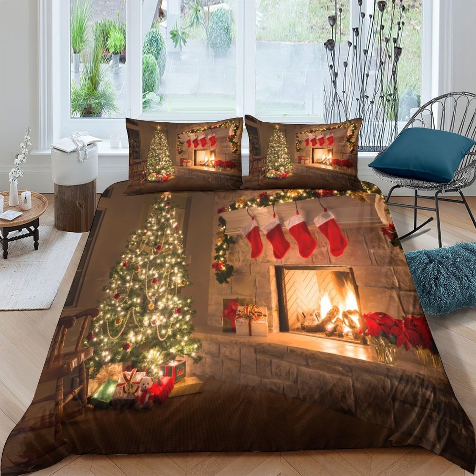 Ctjqhvkz Style-1 3D Printed Christmas Tree Fitted Sheet Microfiber Soft Fireplace Bed Cover For Bedroom Guest Room Holiday Decor, Easy Care Single（135X200cm）