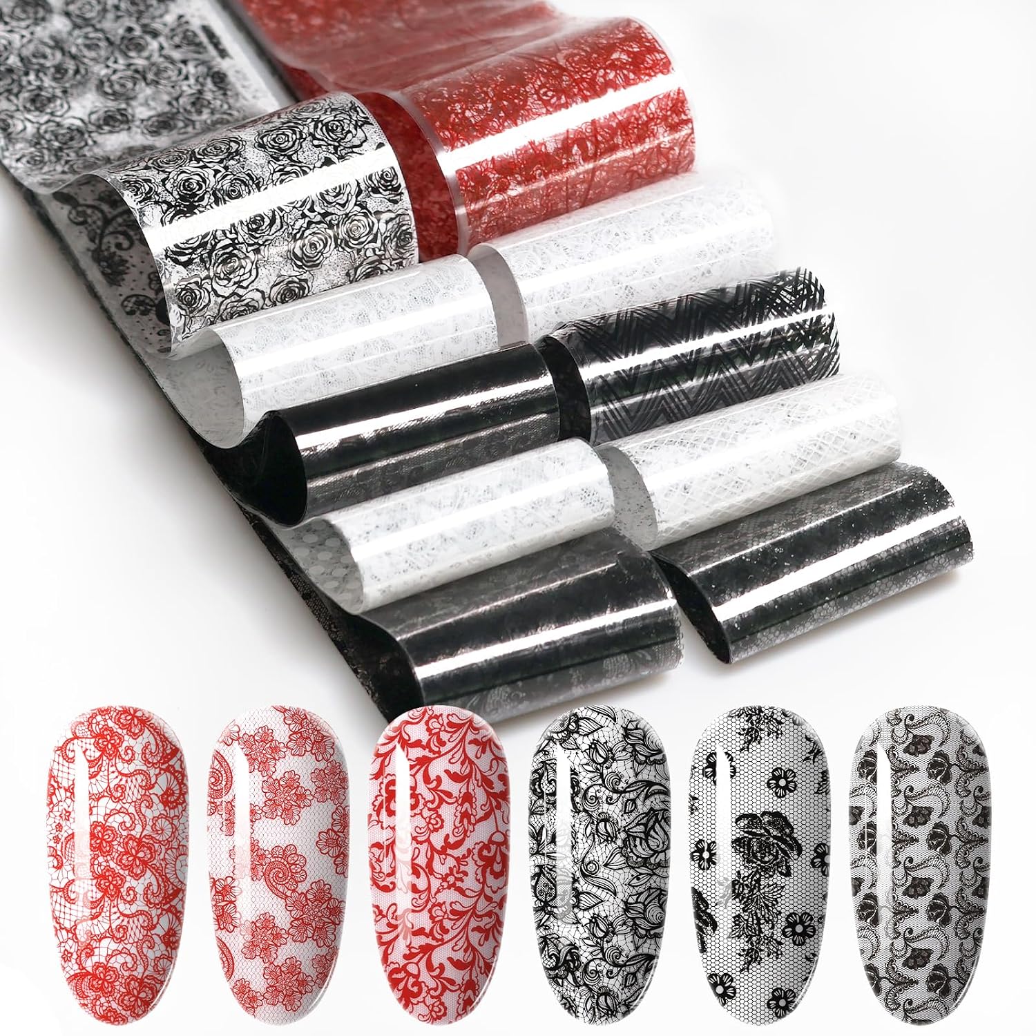AddFavor 50 Sheets Lace Nail Foil, Black and White Flower Nail Foils Transfer Nail Art Decals Red Foils Stickers for DIY Acrylic Nails Decoration, 4 * 100CM