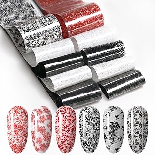 AddFavor 50 Sheets Lace Nail Foil, Black and White Flower Nail Foils Transfer Nail Art Decals Red Foils Stickers for DIY Acrylic Nails Decoration, 4 * 100CM