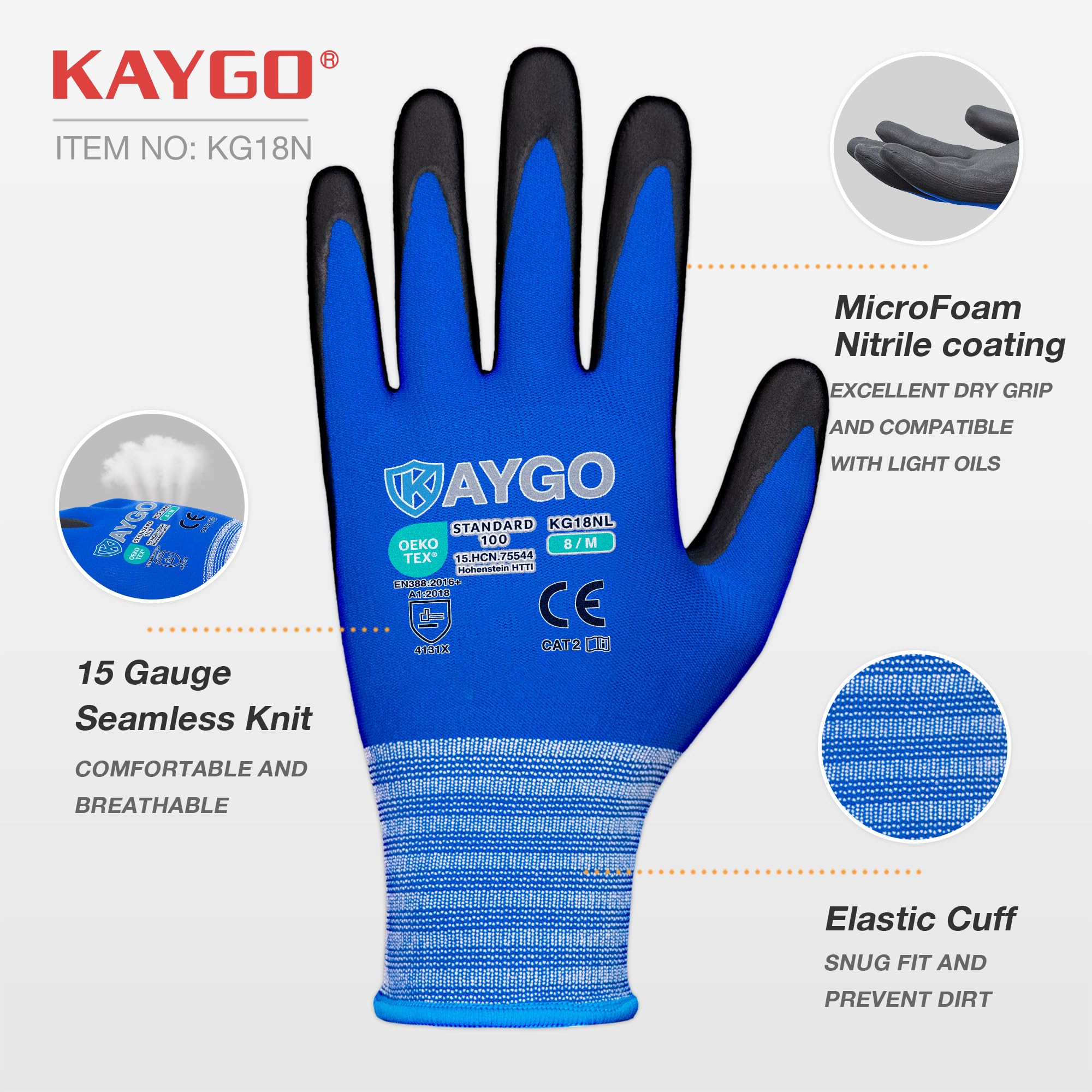 KAYGO Safety Work Gloves MicroFoam Nitrile Coated 12 works, KG18N - Image 2
