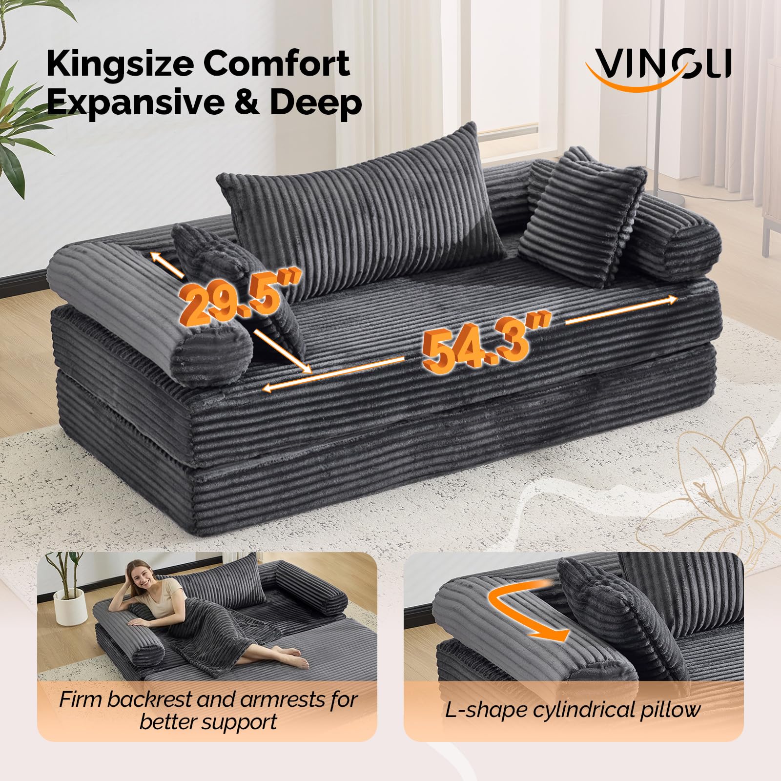 VINGLI Convertible Futon Sofa Bed, Upholstered Corduroy Boneless Couch King Size Floor Loveseat Sleeper Sofa with 2-in-1 Throw Pillow & Blanket Couches for Living Room, Bedroom, Lounge, Dark Gray