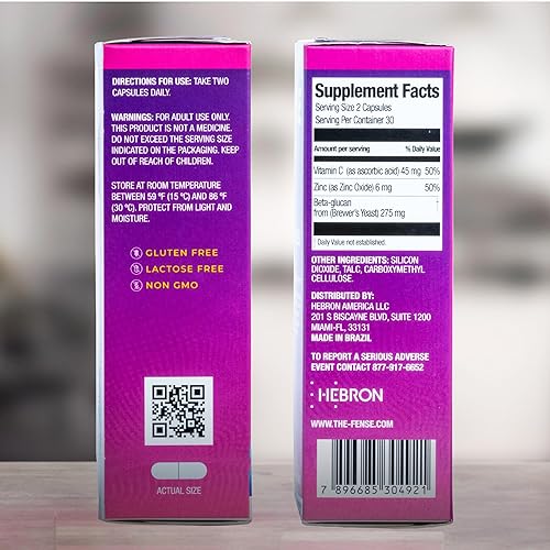Miniatura 6 de HEBRON The-FENSE - Cápsulas de suplemento de beta-glucano, vitamina C y zinc, refuerzo inmunológico para mujeres y hombres, 60 cápsulas, sin gluten,