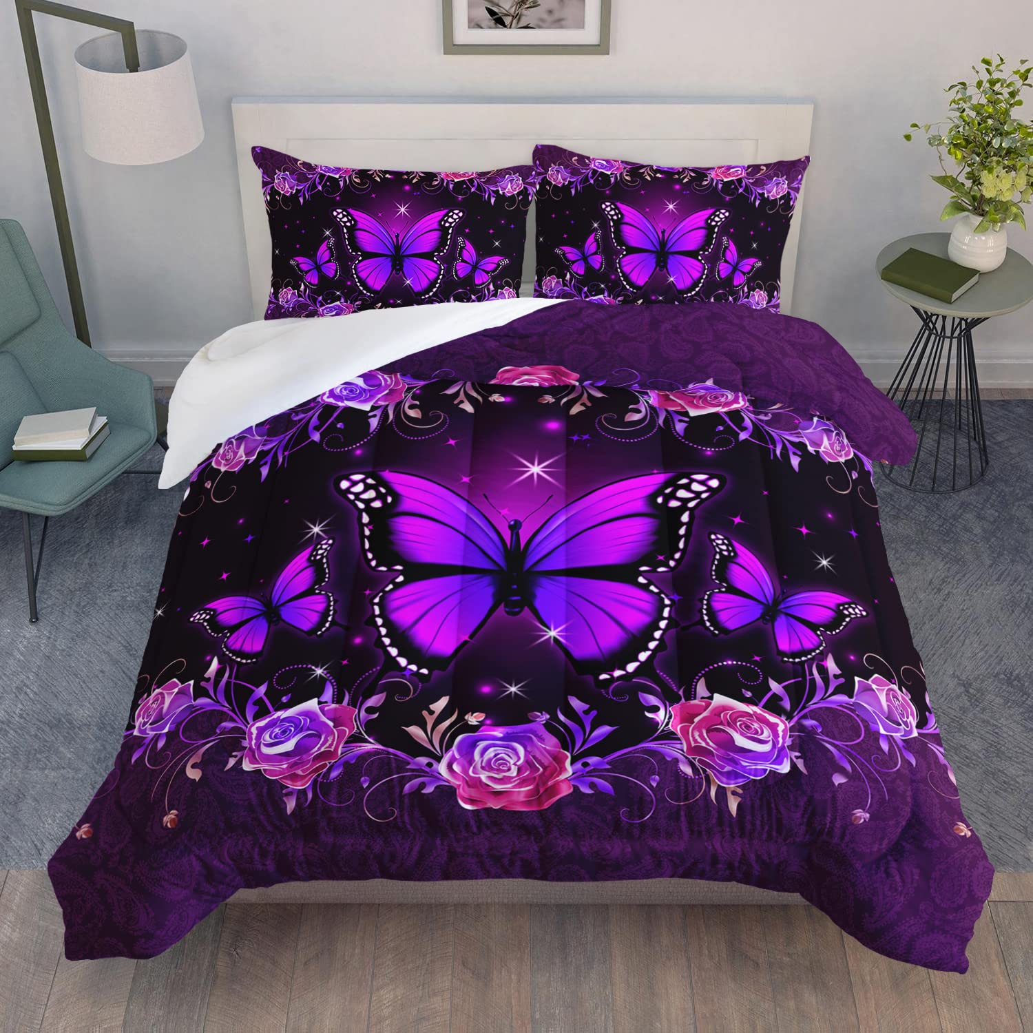 AILONEN Butterfly Comforter Set Twin Size, Pink Purple Flowers Print Bedding Set,Butterfly Art Pattern Soft Lightweight Duvet Set for Kids Teens Girls Women 3Pcs(1 Comforter + 2 Pillowcases)