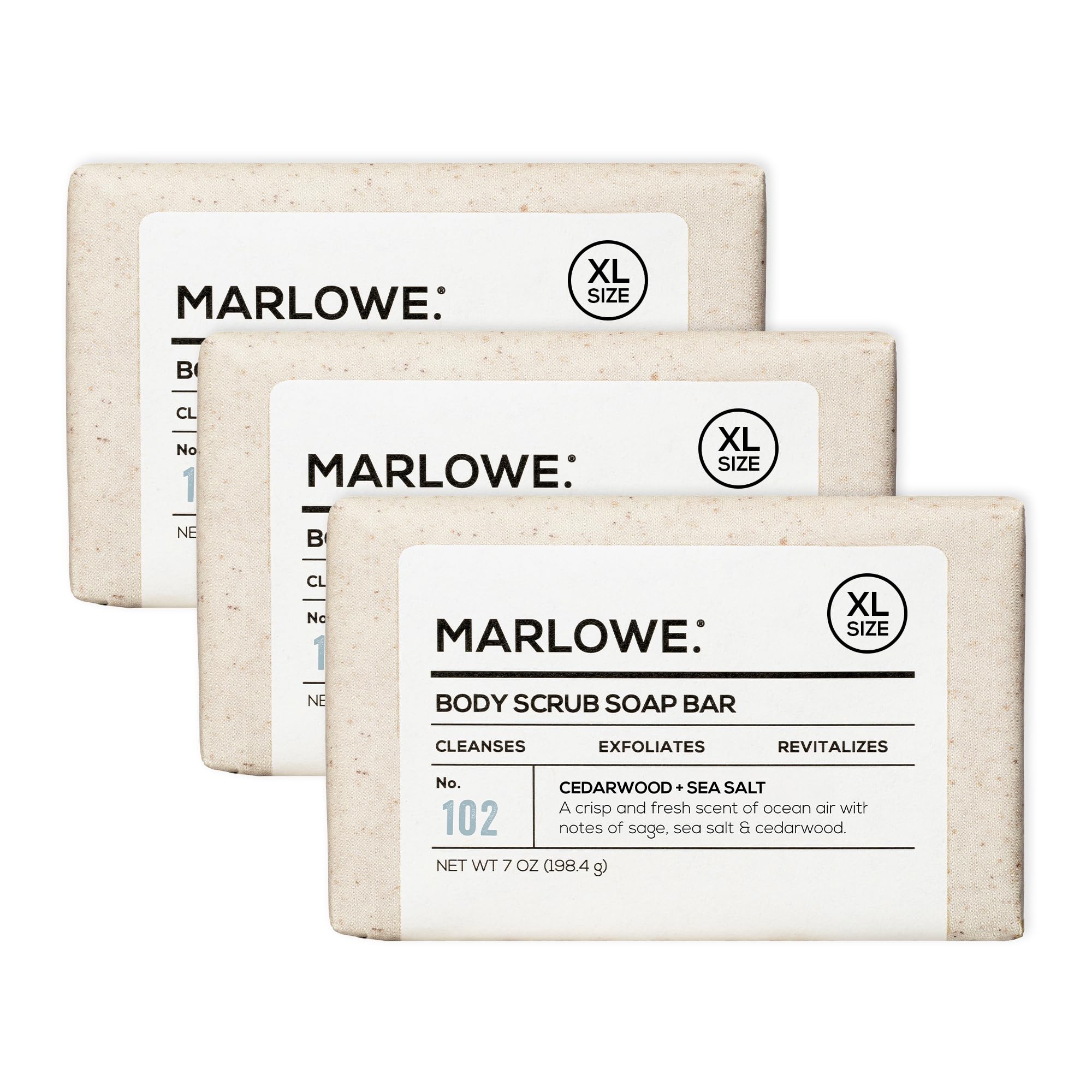 MARLOWE. No. 102 Body Scrub Soap 7 oz (3 Bars), Cedarwood & Sea Salt, Exfoliating Soap Bar with Shea Butter, Olive Oil & Green Tea Extracts, Cleanses,